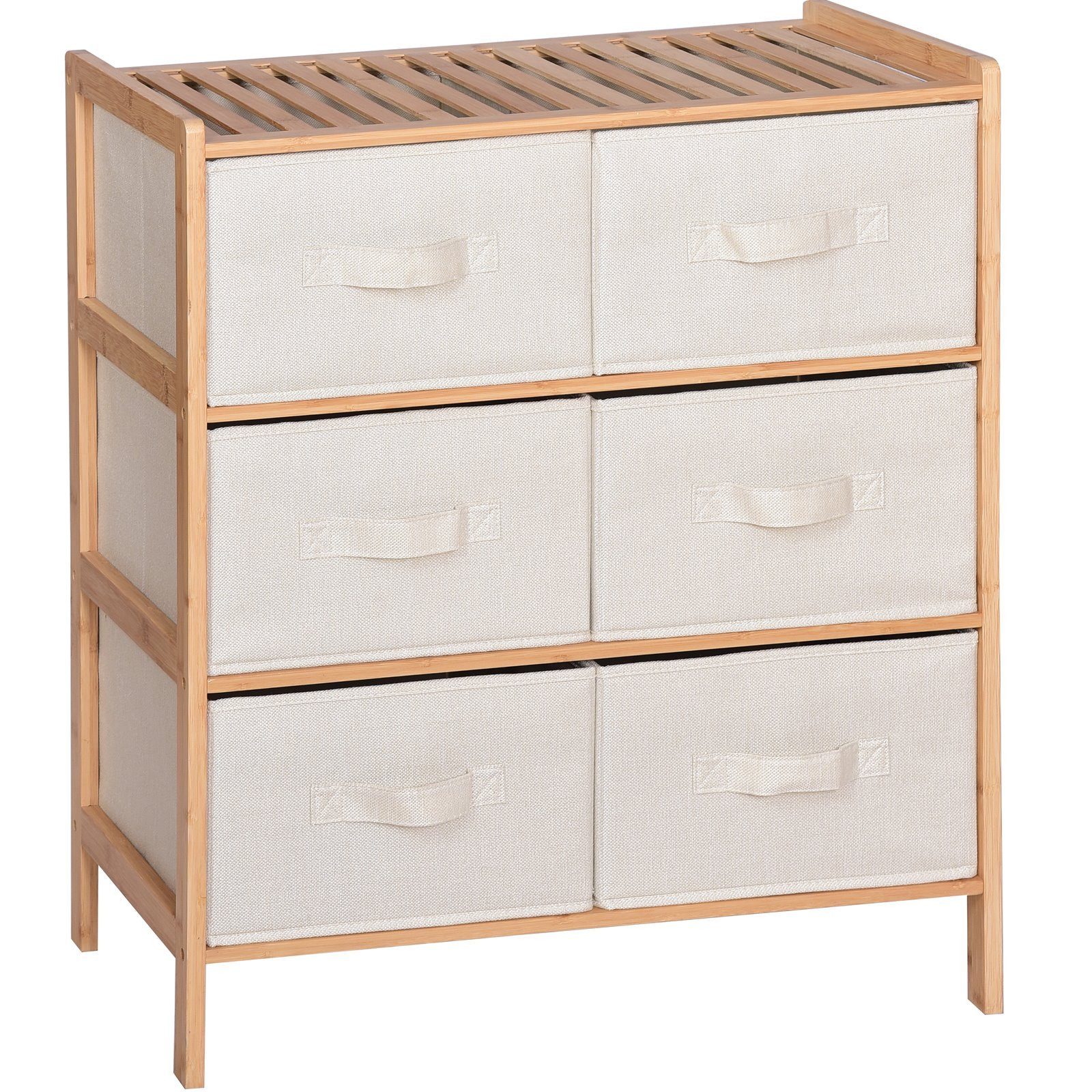BEGRYF Badregal Bambuskommode mit 6 Stoffschubladen Natur Beige 66 x 35 x 79 cm
