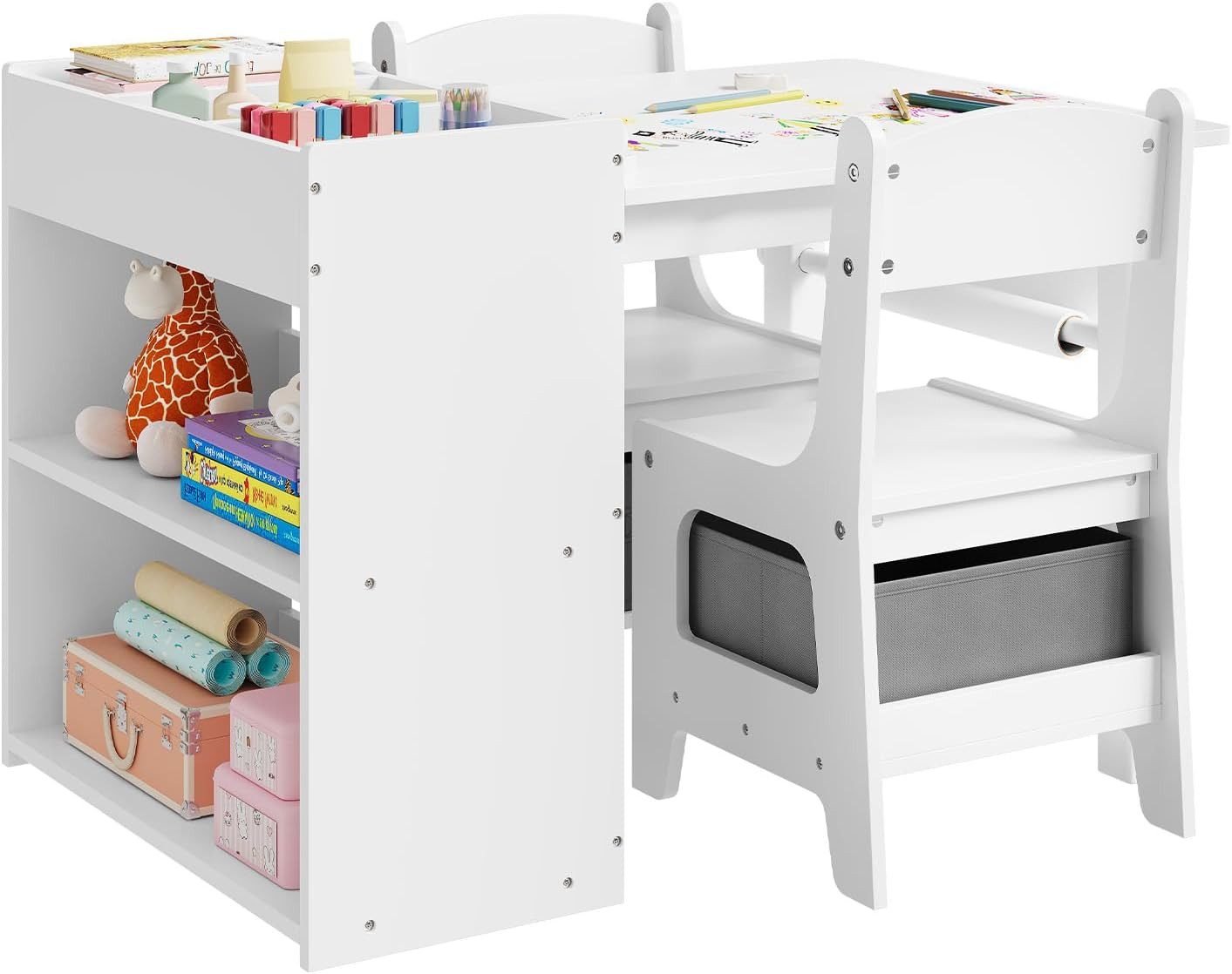 Woltu Kindertisch, mit 2 Stühlen, 2 Aufbewahrungsboxen, mit Stauraum, Weiß