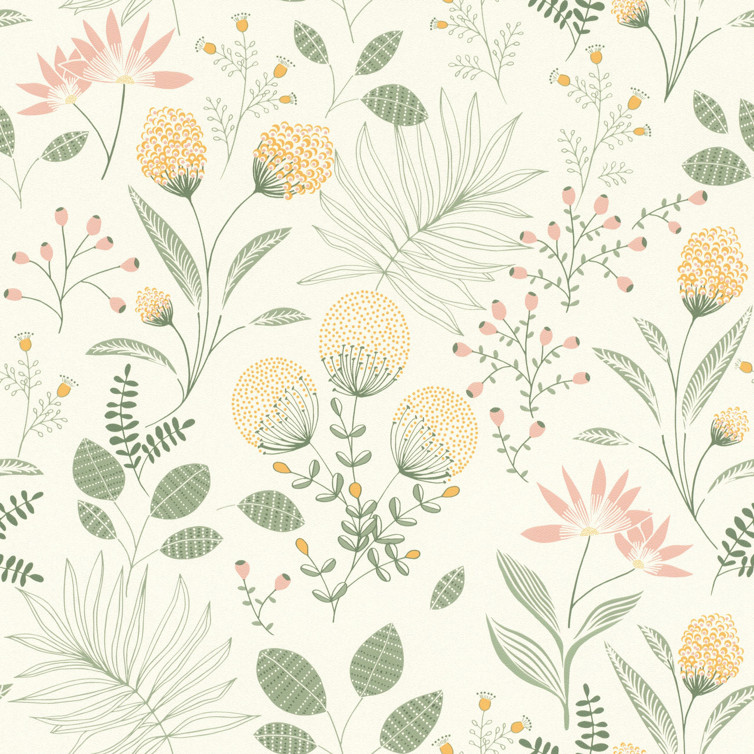 Rasch Vliestapete Blätter & Blüten - Vinyltapete Beige Grün, floral, bedruckt, (1 Rolle, 1 St., 10,05 m x 0,53 m), Lichtbeständige Farben - …