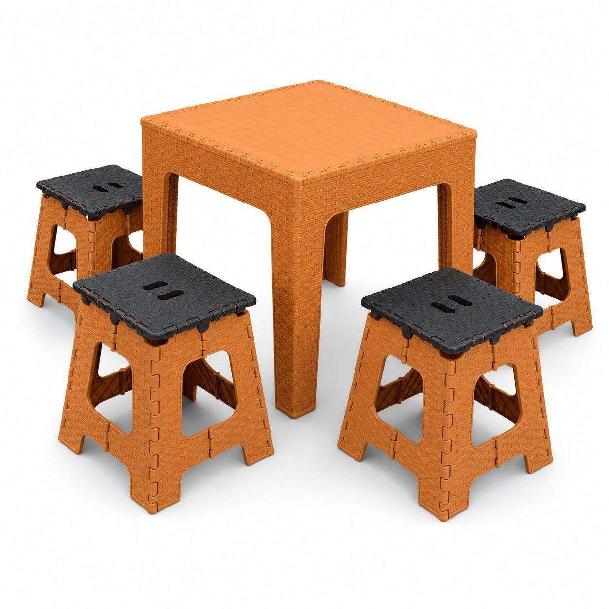 ibonto Sitzgruppe Rattan, Tisch, Hocker Set, 5-tlg., Balkonmöbel, klappbar, (Sitzgruppe oder Balkonmöbel-Set, 5-teiliges Tisch- und Hocker-Set)