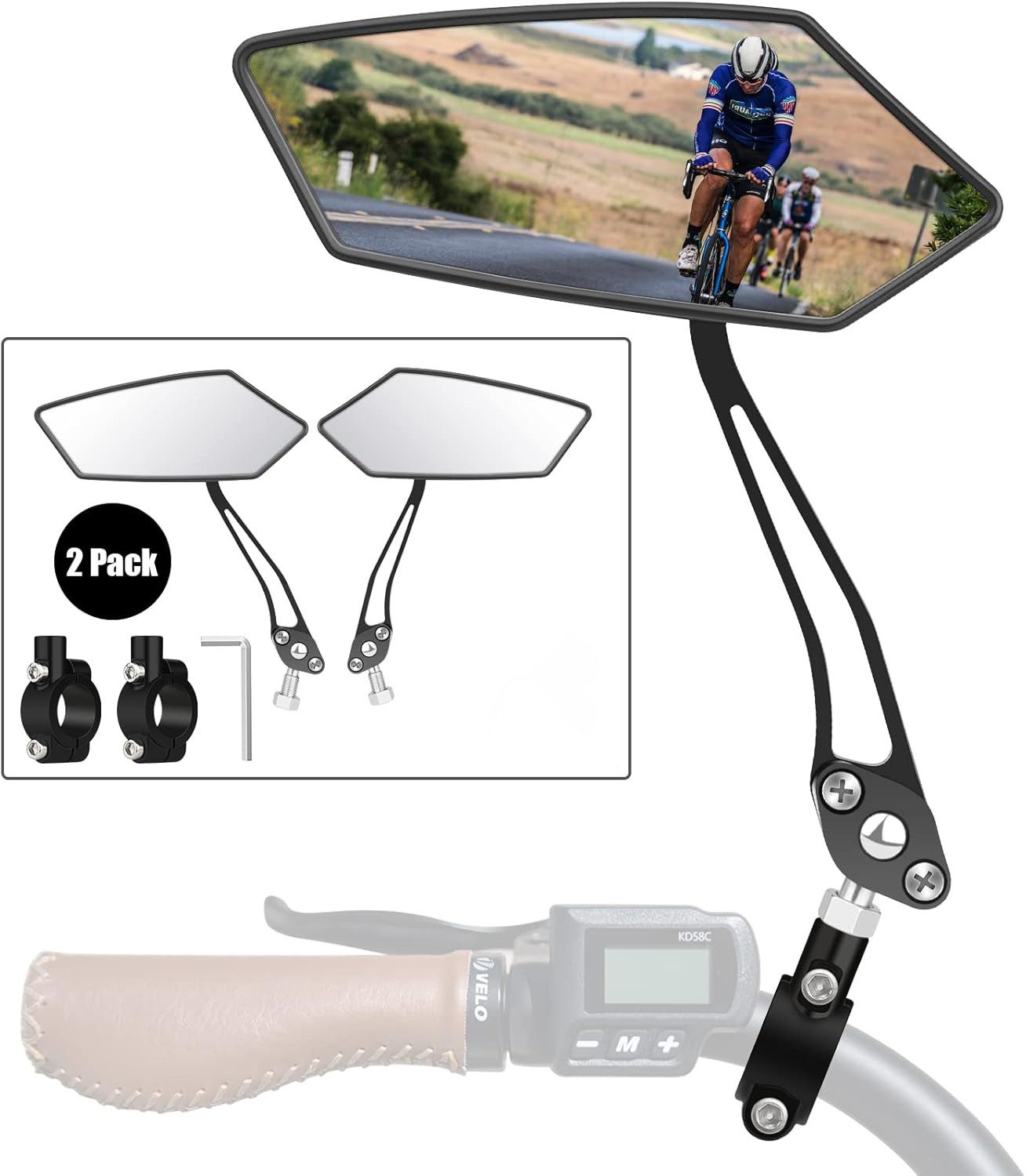 Xruiy Fahrradspiegel 2er Set HD Weitwinkel Glas, 360° verstellbar,stabil & vibrationsfrei, Fahrrad Rückspiegel für E-Bike, MTB & Citybike Lenker 22–25 mm