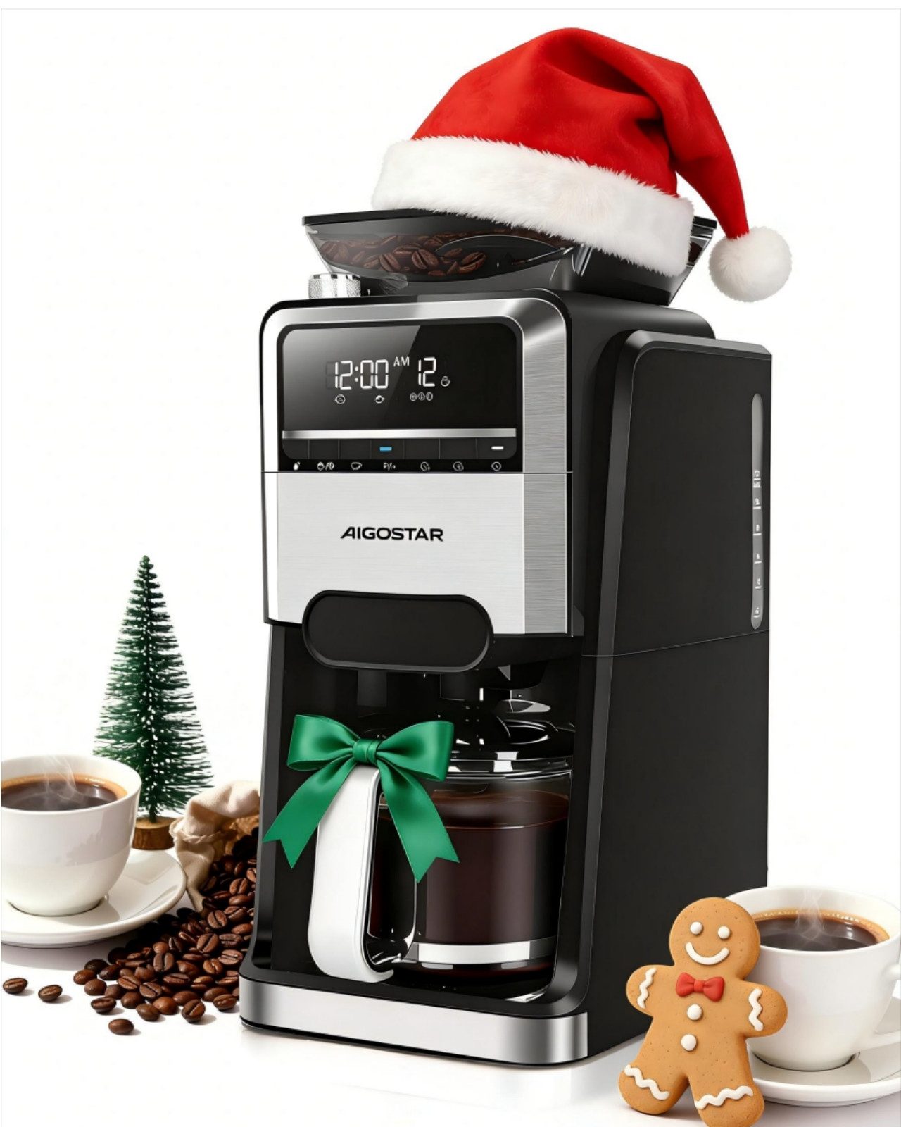 Aigostar Kaffeemaschine mit Mahlwerk 12 Tassen Filterkaffeemaschine, 7 Mahlgrade, 3 Brühstärken, 24H Timer, 1.5l Kaffeekanne, Wiederverwendbare Filter, Warmhaltefunktion, Selbstreinigungsfunktion, Intelligente Erinnerung