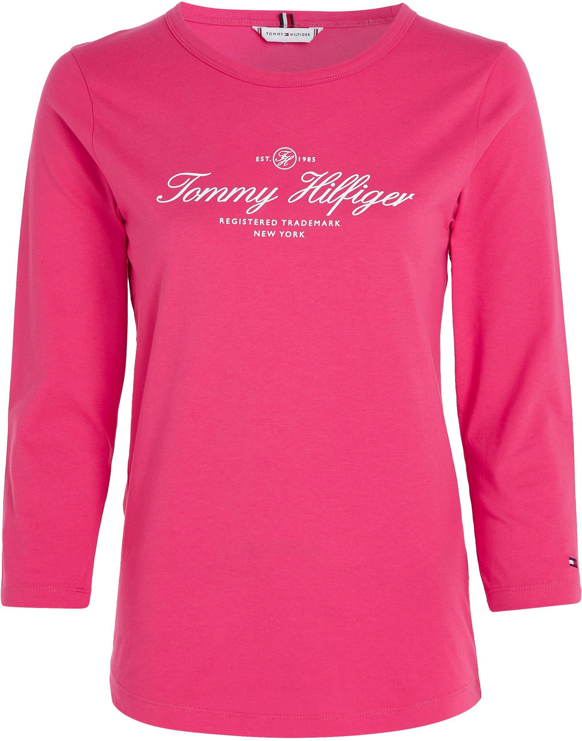 Tommy Hilfiger 3/4SLV Signature Logo-Schriftzug Tommy SLIM Bright_Cerise_Pink Hilfiger mit OPEN NK SIGNATURE Langarmshirt