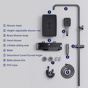 LNXGJJ Duschsystem mit Thermostat Anthrazit Duscharmatur Komplettse Regendusche Duschset, mit Digitalanzeige, 310x200mm Duschkopf, 3 Modi Handbrause, Wasserfall