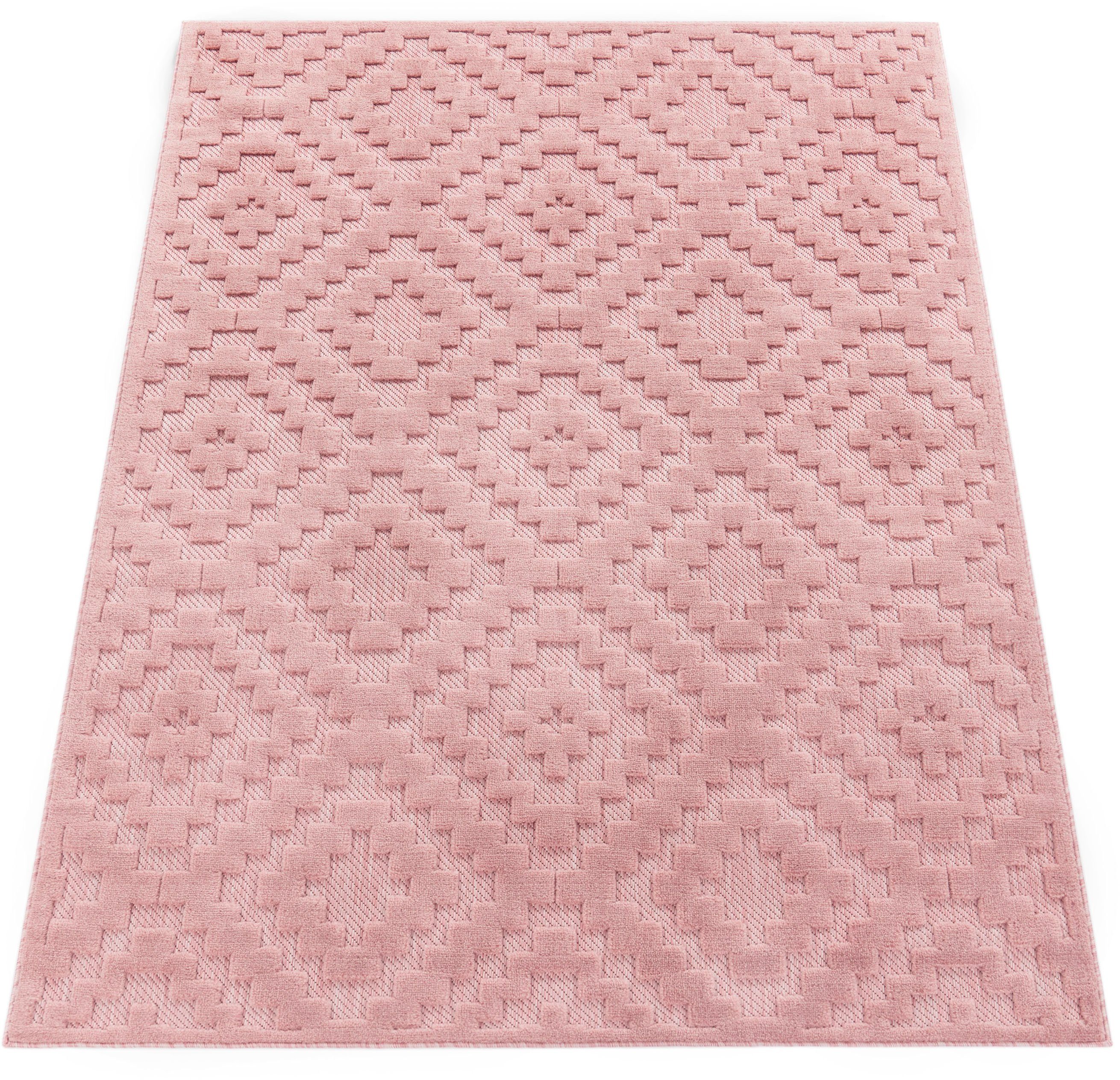 Teppich Livorno 672, Paco Home, mm, pink Scandi, Outdoor 14 Höhe: Hoch-Tief Uni-Farben, Effekt, rechteckig, Muster, geeignet Rauten