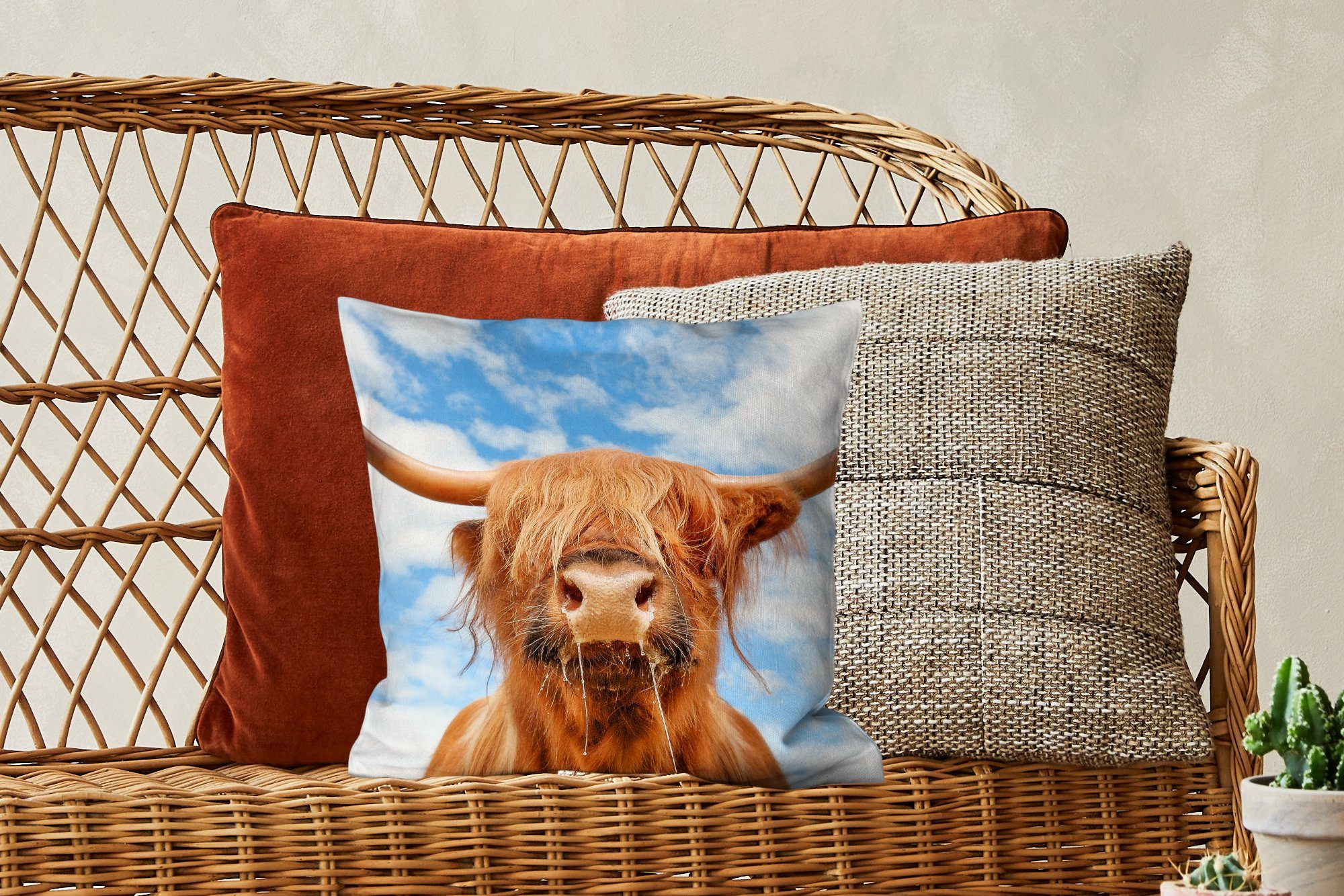 Wohzimmer, für MuchoWow Zierkissen Dekokissen Tiere, Schottischer - Sofakissen Füllung Wolke Highlander mit Deko, - Schlafzimmer,