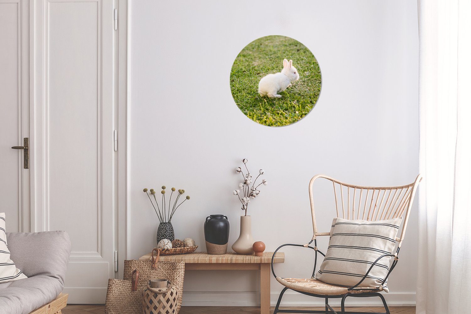 Wohnzimmer Kaninchen - Wandsticker Weiß Tapetenaufkleber, (1 Gras Tapetenkreis - Kinderzimmer, MuchoWow Rund, Baby St), für -