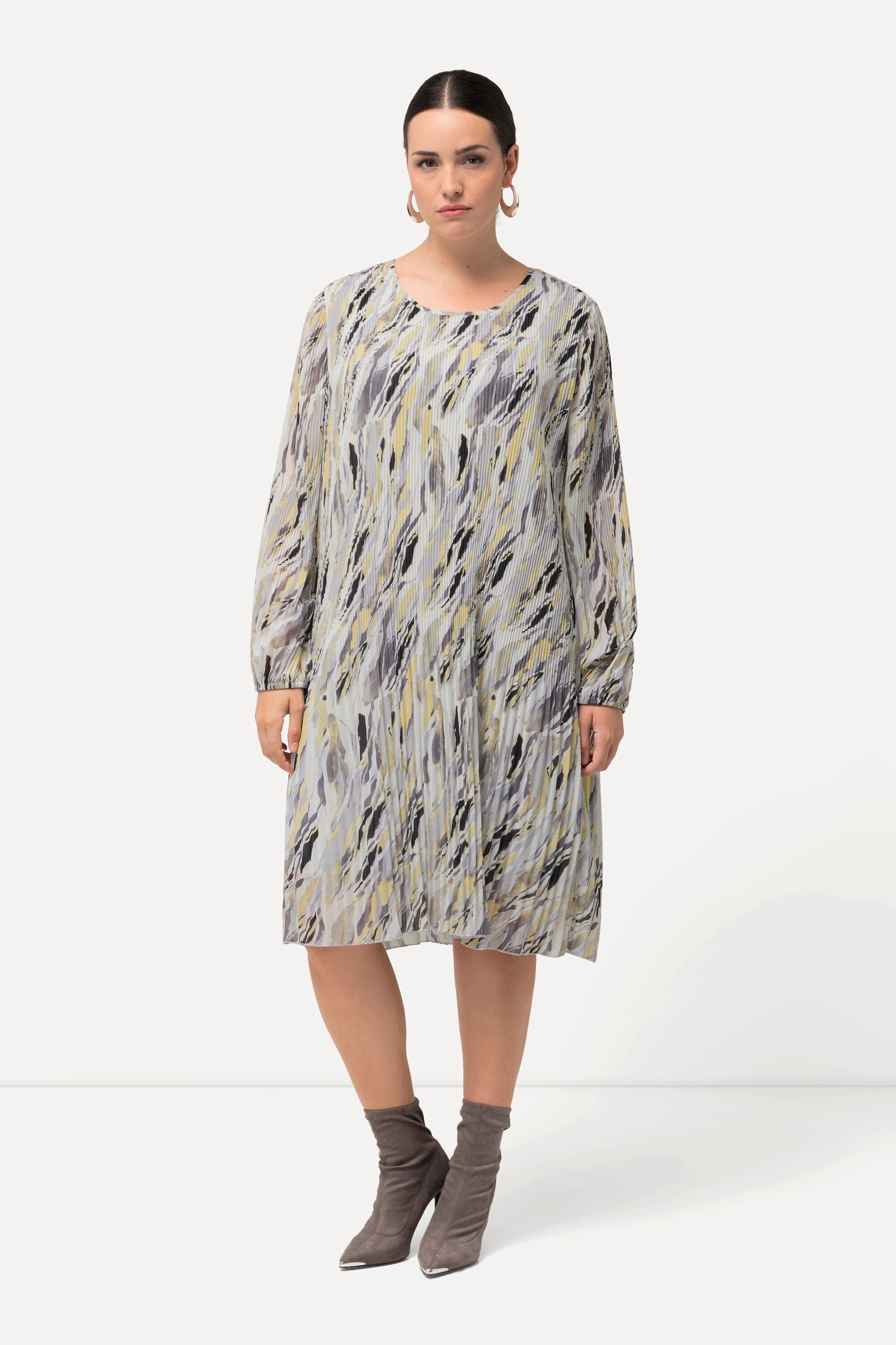 Maxikleid Plissee-Kleid Marmordruck Godetfalten Rundhals