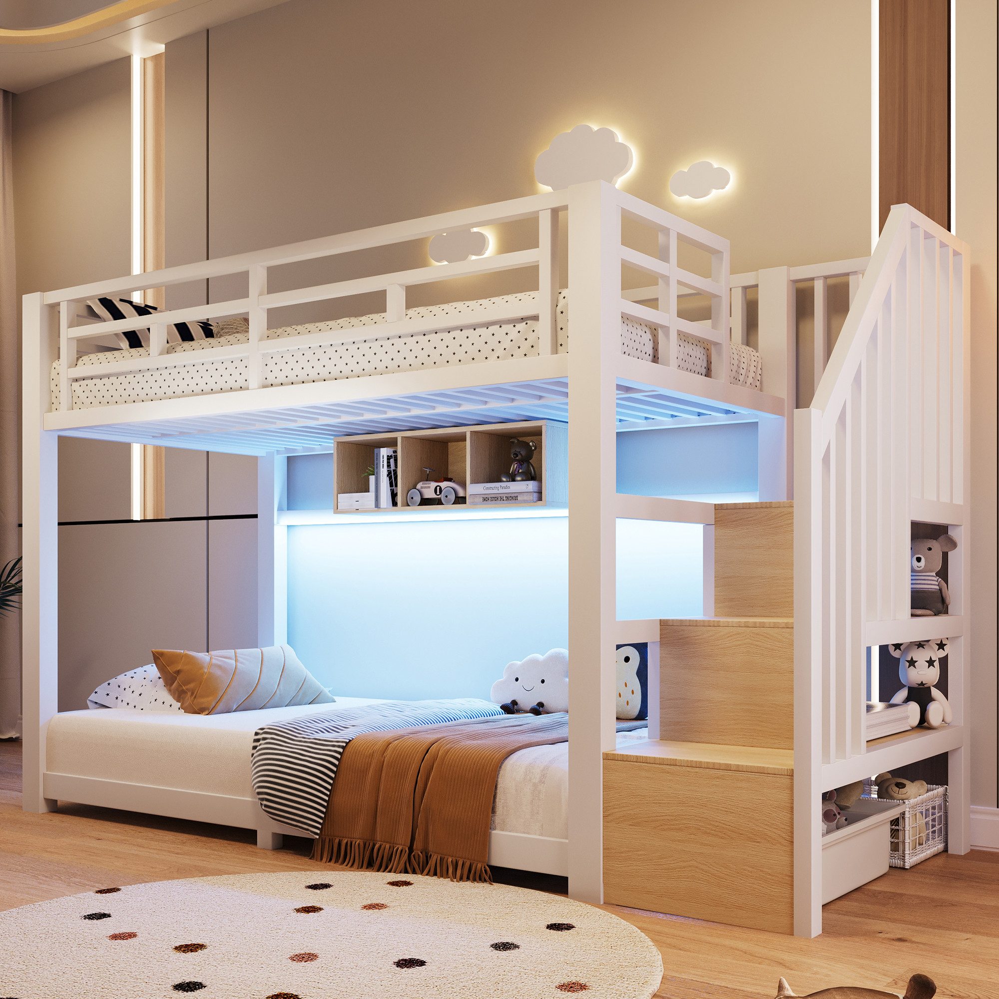 Flieks Etagenbett, Kinderbett Metallbett 90x200cm mit Lichtleiste Stauraumtreppe