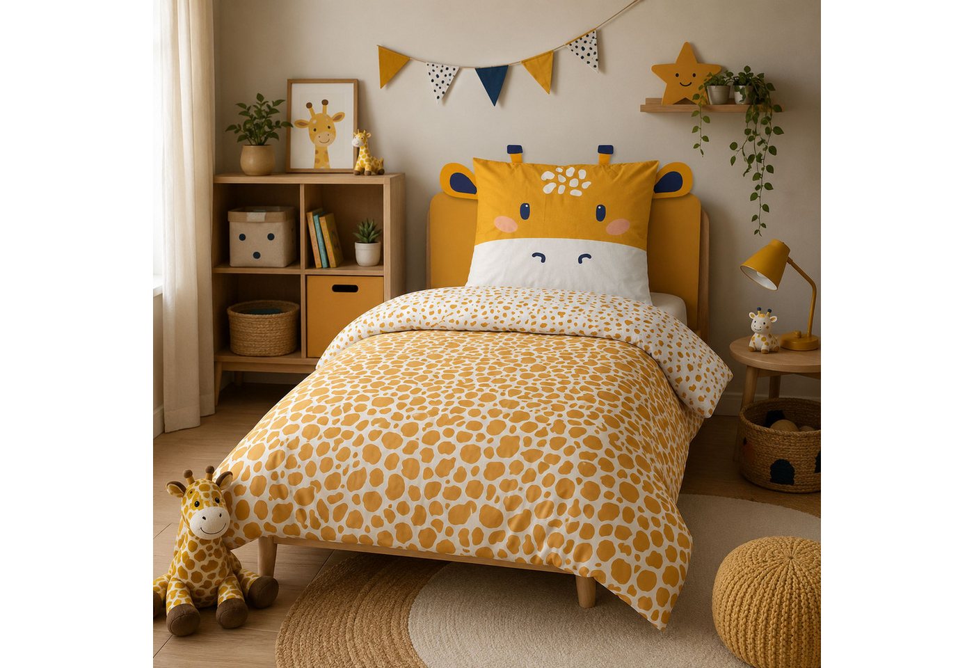 Familando Kinderbettwäsche Happy Giraffe 135x200 80x80 cm Bettwäsche mit Ohren, Renforcé, 2 teilig, mit liebevollem Motiv & süßen Details für Mädchen und Jungen