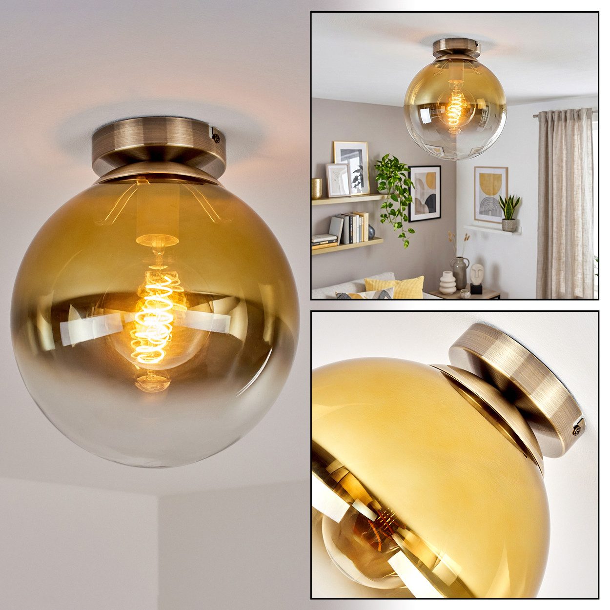 hofstein Deckenleuchte Deckenlampe aus Metall/Glas in Altmessing-/Goldfarben/Klar, moderne Deckenleuchte im Retro/Vintage-Design, Ø 25 cm, E27