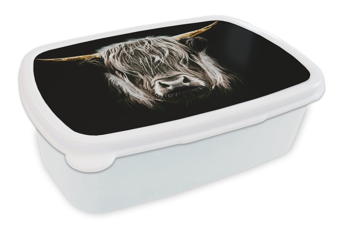 MuchoWow Lunchbox Schottischer Highlander - Gold - Hörner - Schwarz und weiß - Kuh -, Kunststoff, (2-tlg), Brotbox für Kinder und Erwachsene, Brotdose, für Jungs und Mädchen