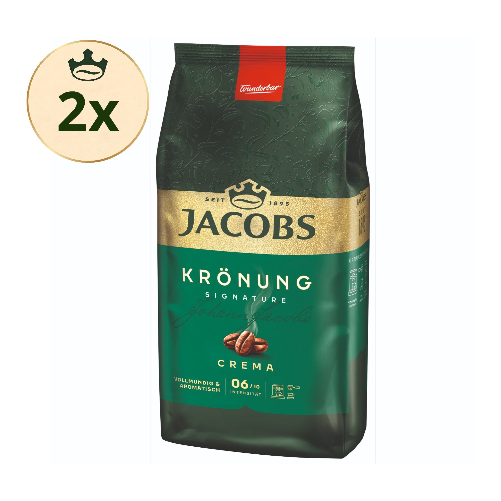 JACOBS Kaffee Kaffeebohnen Krönung Crema 2 x 1 kg ganze Kaffee Bohnen geröstet, 2000 g, (Packung, 2er Pack)