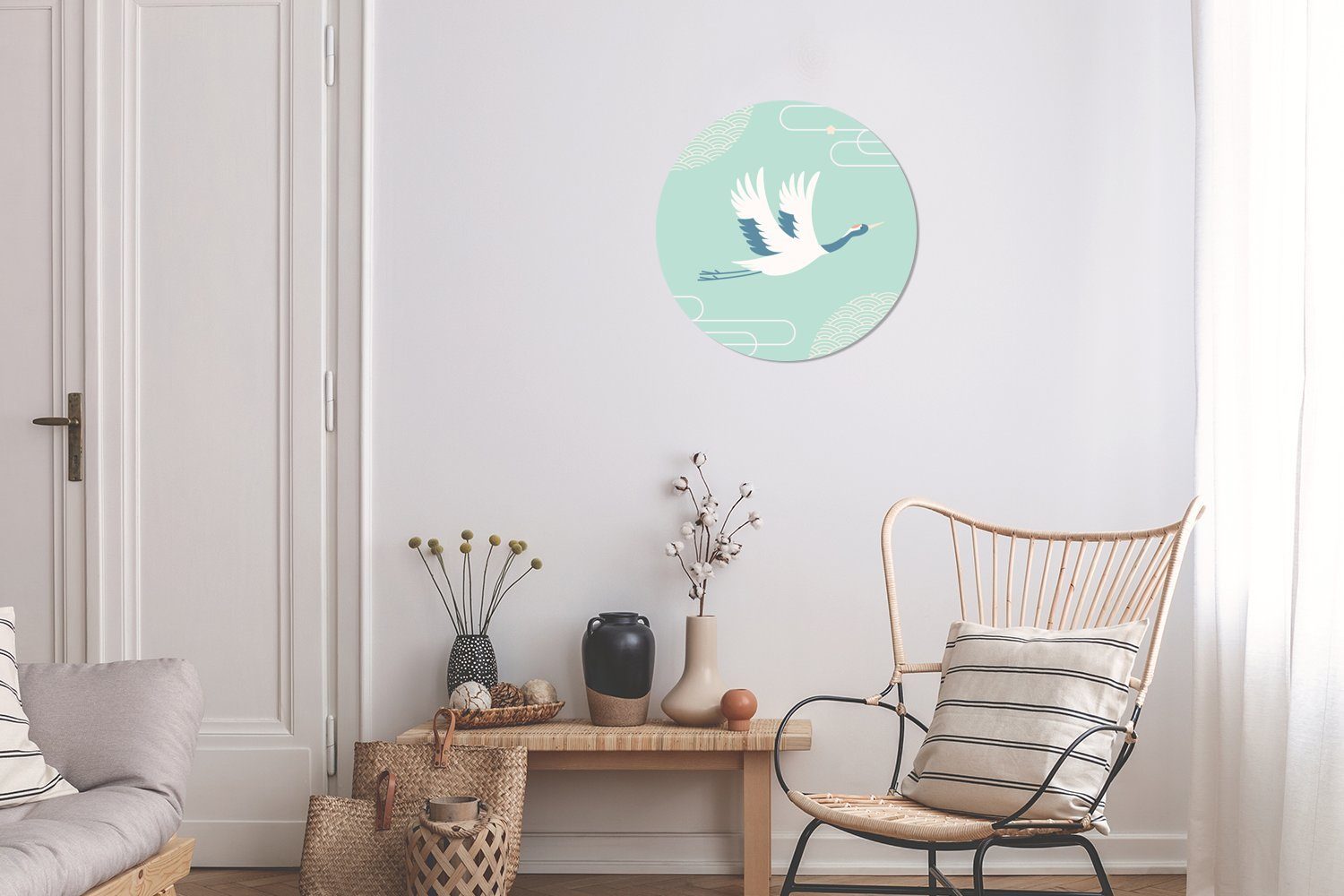 Wohnzimmer Hintergrund für Kinderzimmer, blauen MuchoWow Wandsticker (1 einem Kranichs Illustration Rund, Tapetenkreis Tapetenaufkleber, St), eines chinesischen vor