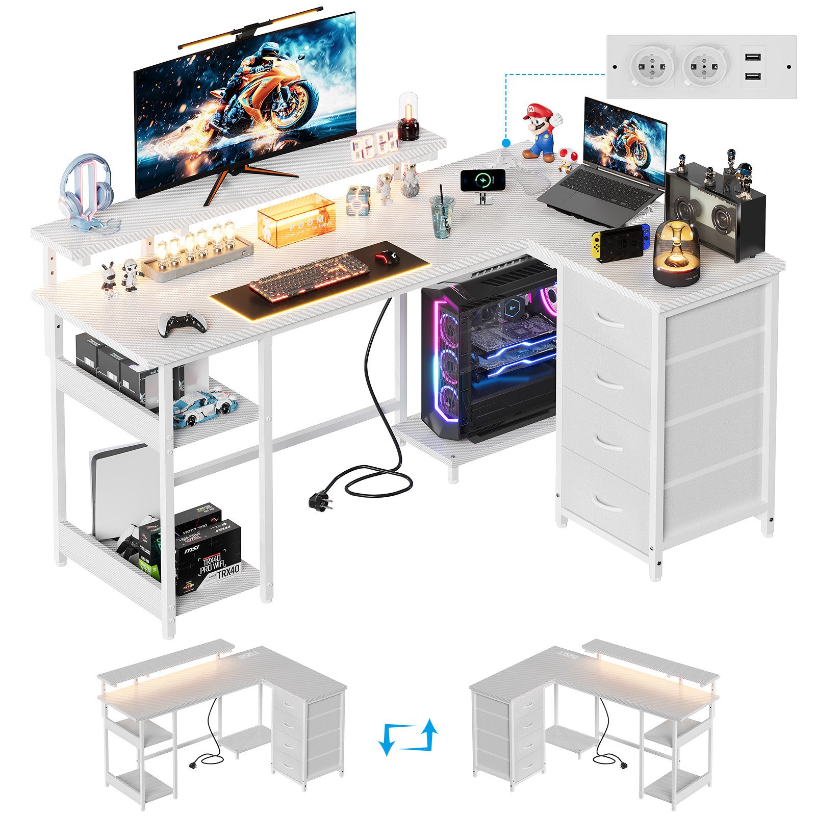 HOMALL Schreibtisch Eck-Schreibtisch, Gaming-Tisch mit Stauraum und Steckdosen (Ausgestattet mit 2 Steckdosen, 2 USB-Anschlüssen, 4 Schubladen, einer höhenverstellbaren Monitorhalterung, einer LED-Lichtleiste, 2 Einlegeböden sowie einer Halterung für den PC-Tower)