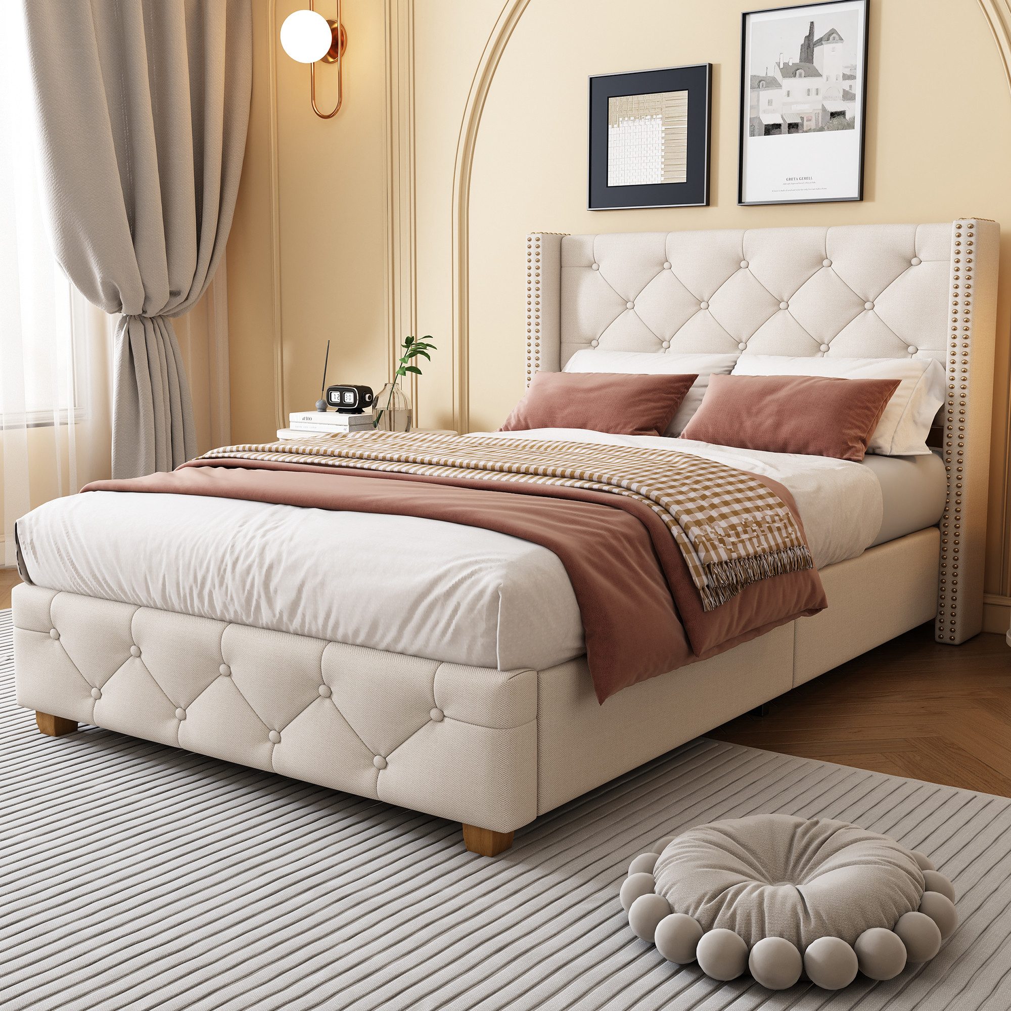 HAUSS SPOLE Polsterbett Jugendbett mit Lattenrost und Kopfteil,Knopfpolsterung,Einzelbett (90x200cm Bettgestell Kinderzimmerbett mit Knopf-Tufting-Details am Kopf- als auch am Fußende des Bettes), Kinderbett Polsterbett aus Leinen für Kinder/Erwachsene
