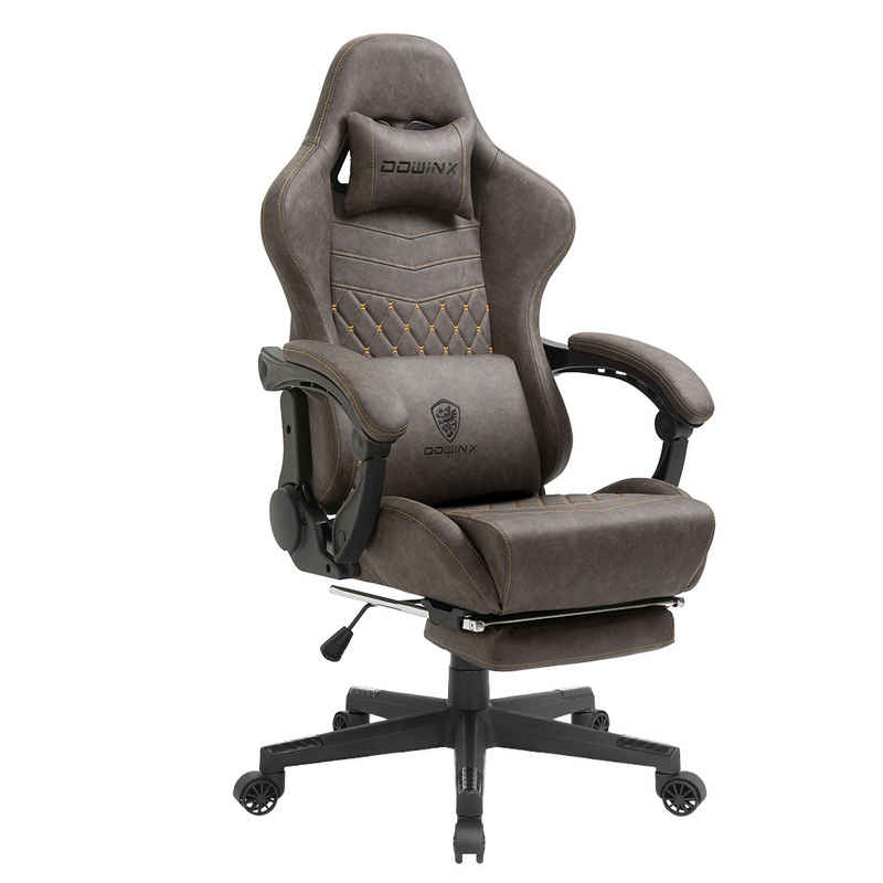 Dowinx Gaming-Stuhl Ergonomisches Design mit Massage Lendenwirbelstütze und Fußstütze, Rennsport-Stil PU-Leder hohen Rücken verstellbare Drehstuhl, Braun