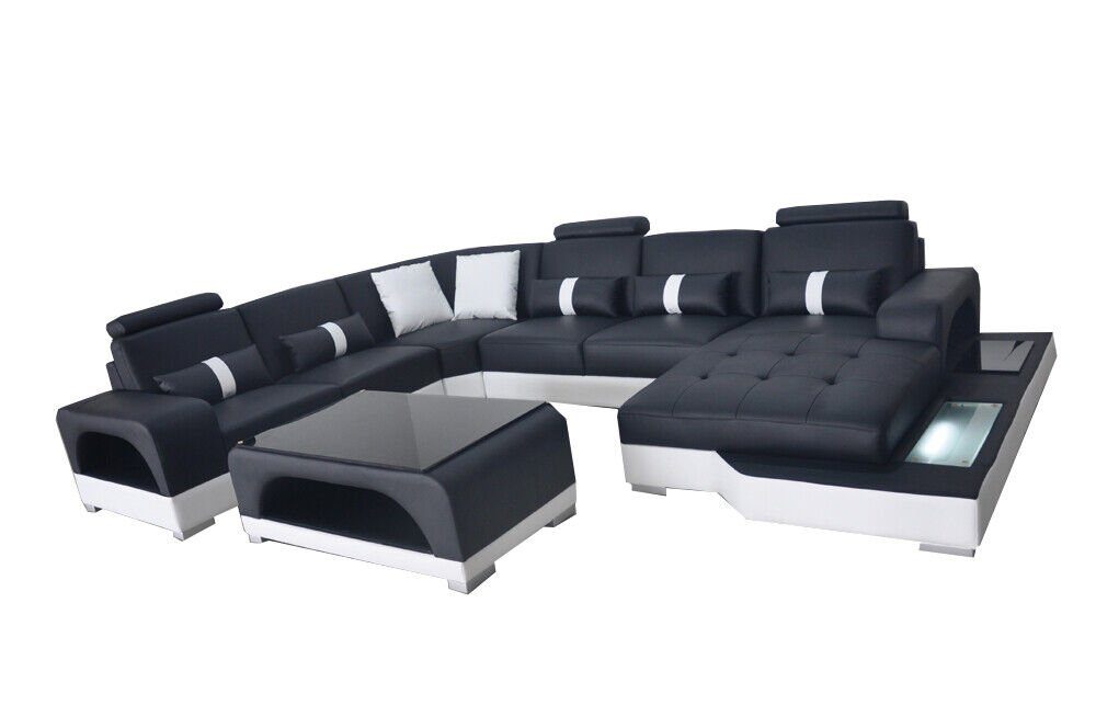 Ecksofa Couchen Couch Teile Schwarz USB, Sofa Leder JVmoebel Moderne 2 mit Eck Sitz Wohnlandschaft+Tisch