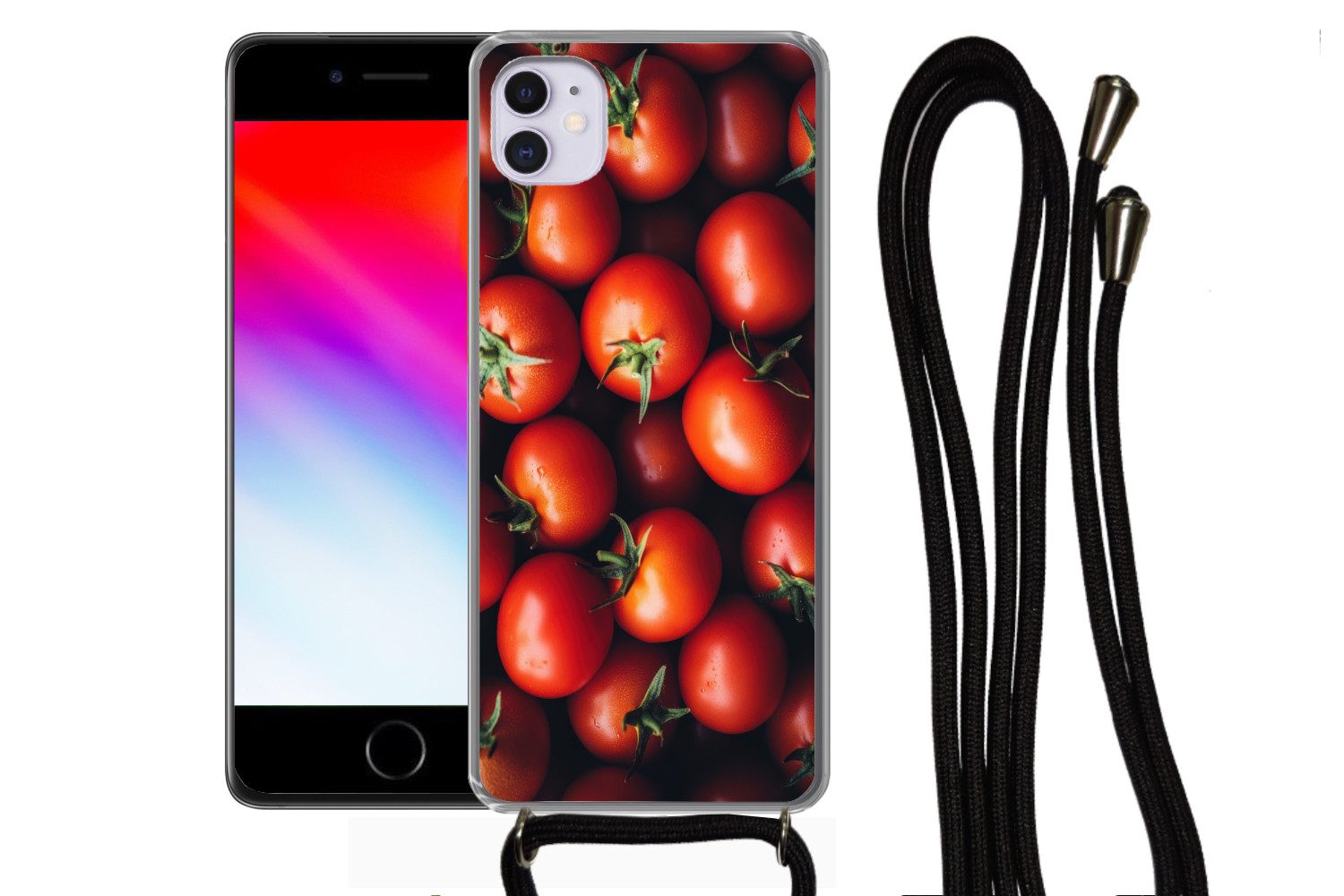 MuchoWow Handyhülle für Apple iPhone 12 Mini Gemüse - Rot - Tomaten, Tragbare Handyhüllen mit Kette zum umhängen, Handykette Handyband