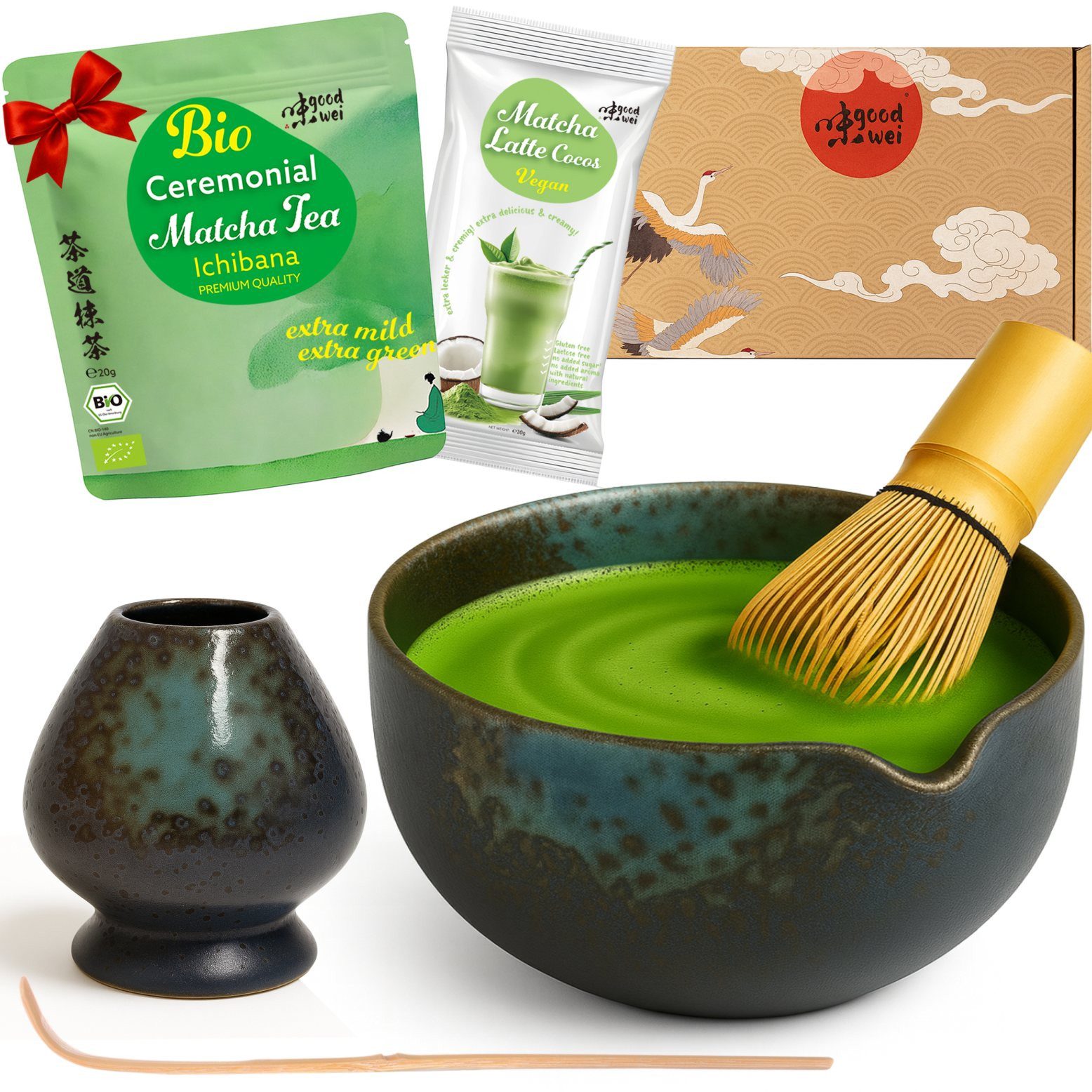 Goodwei Tee Matcha Latte Set "Rokusho" mit 20g Ceremonial Matcha & Cocos Latte