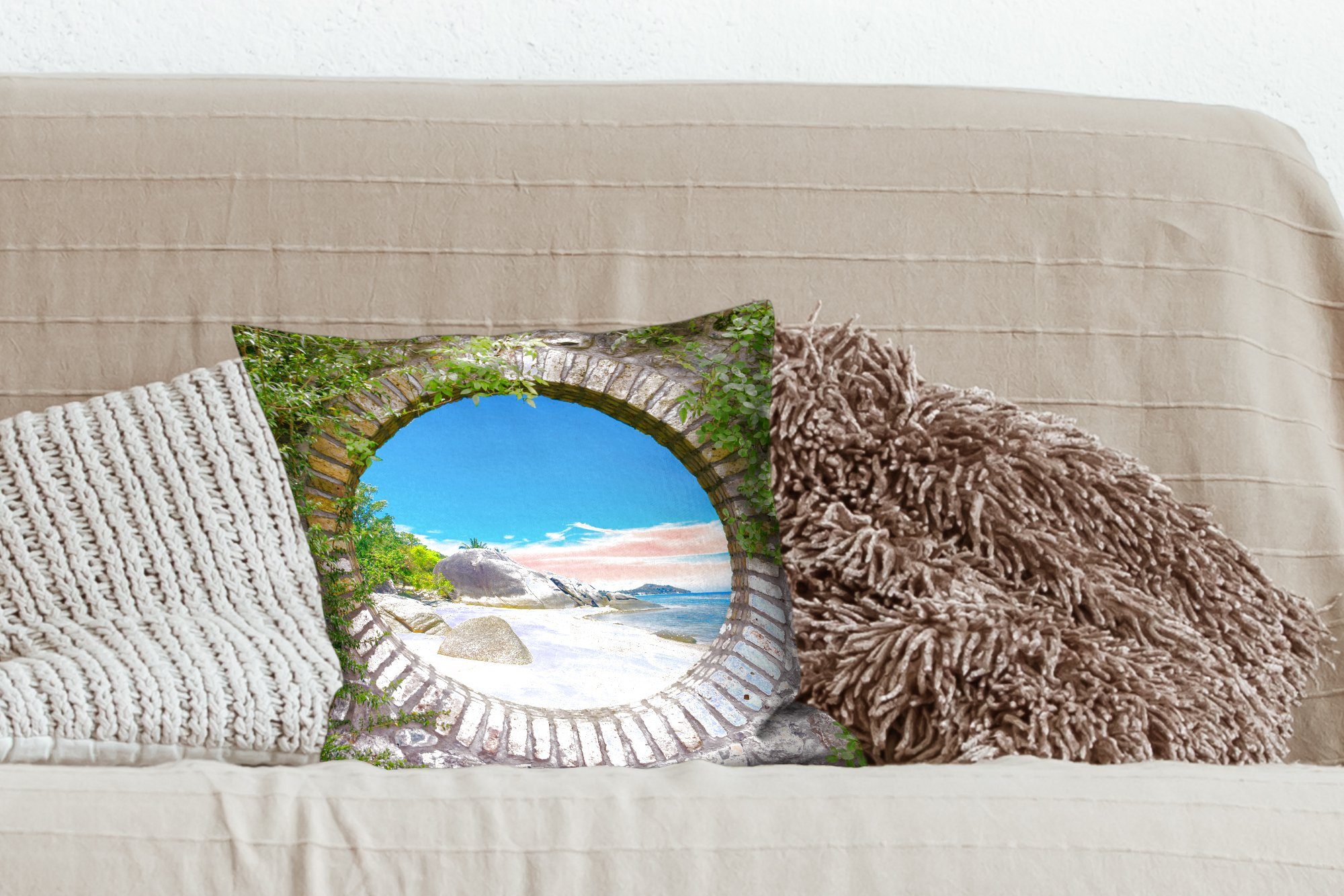 Deko, MuchoWow Aussicht Dekokissen Zierkissen Füllung Sommer - Strand Wohzimmer, - Sofakissen für Tropisch, - Schlafzimmer, mit