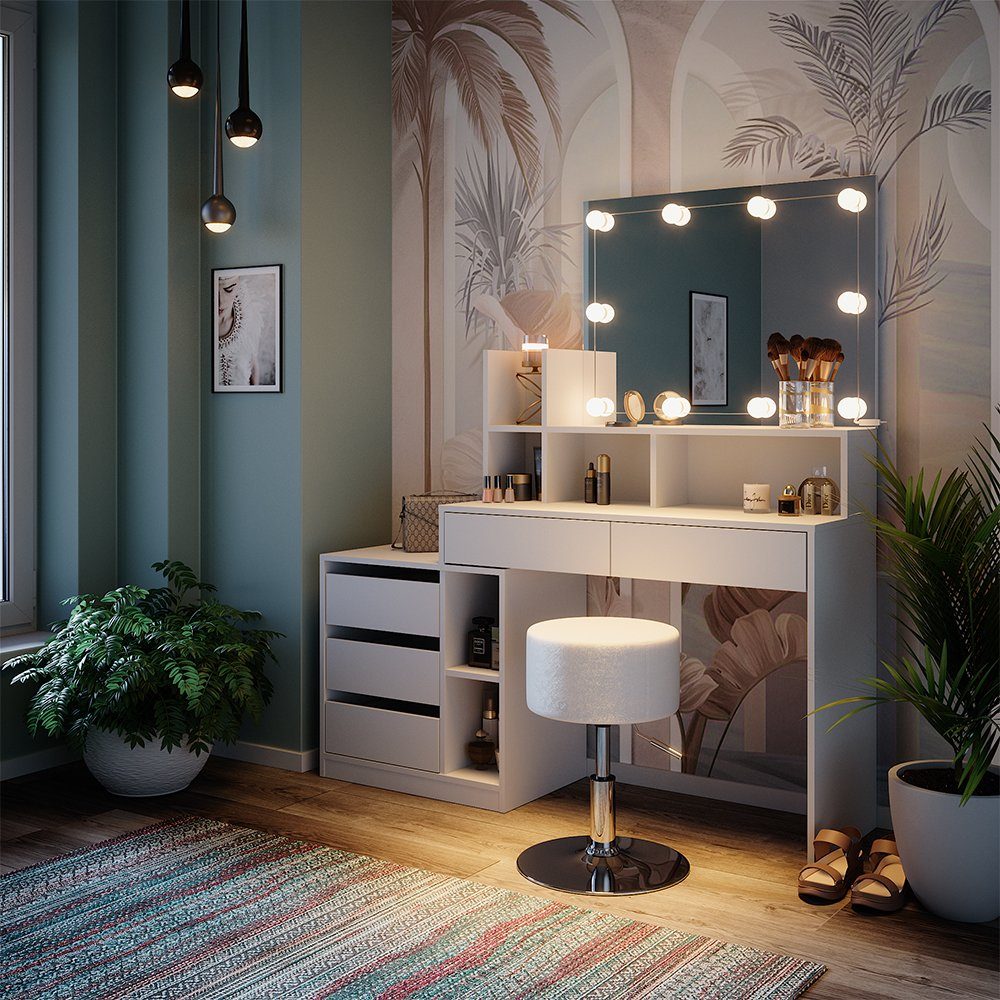 Vicco Schminktisch Anja, Weiß, 139.8 cm mit LED Beleuchtung und Hocker günstig online kaufen