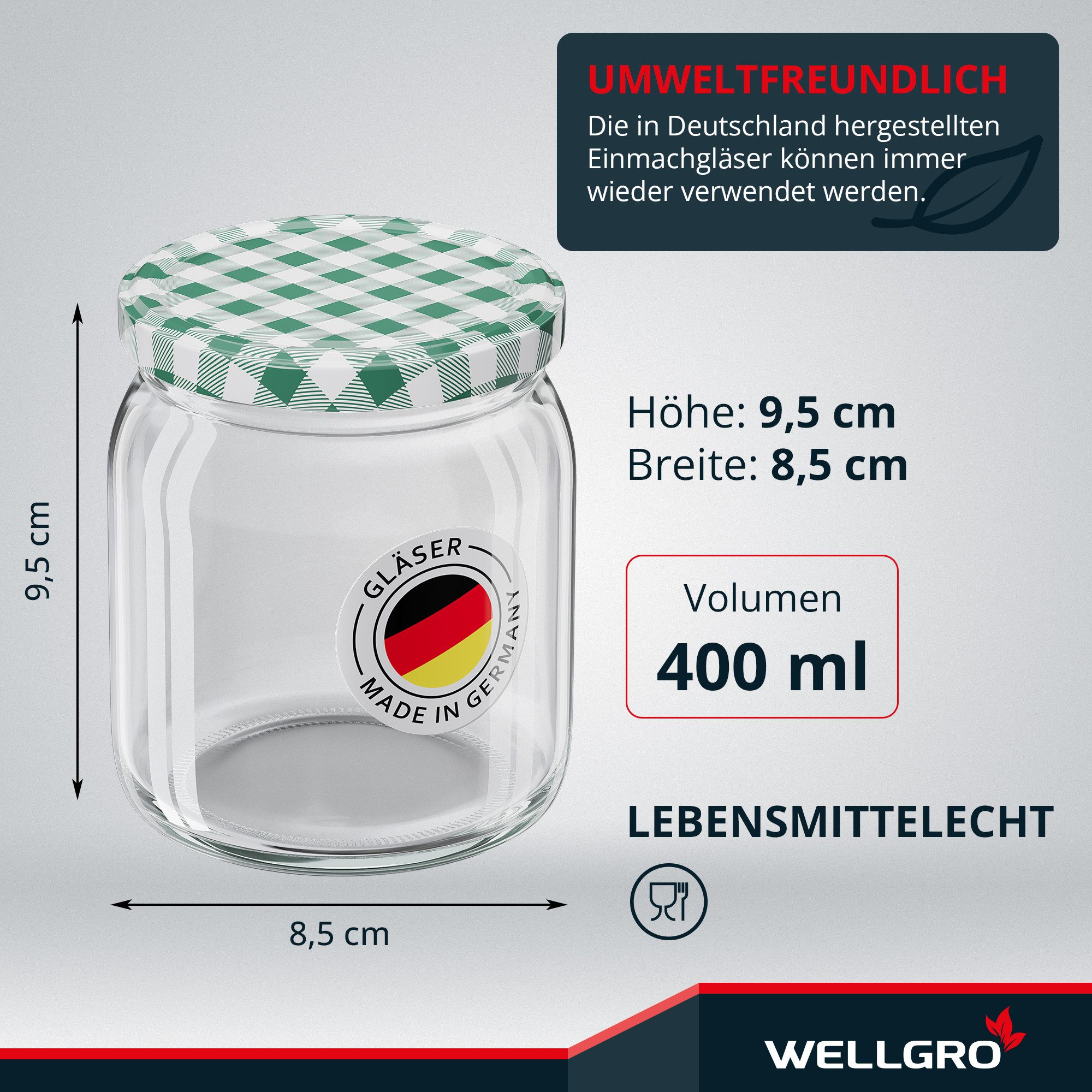 Wellgro Vorratsglas Einmachgläser mit Schraubdeckel TO 82, grün kariert, (25-tlg) – Bild 4 von 5