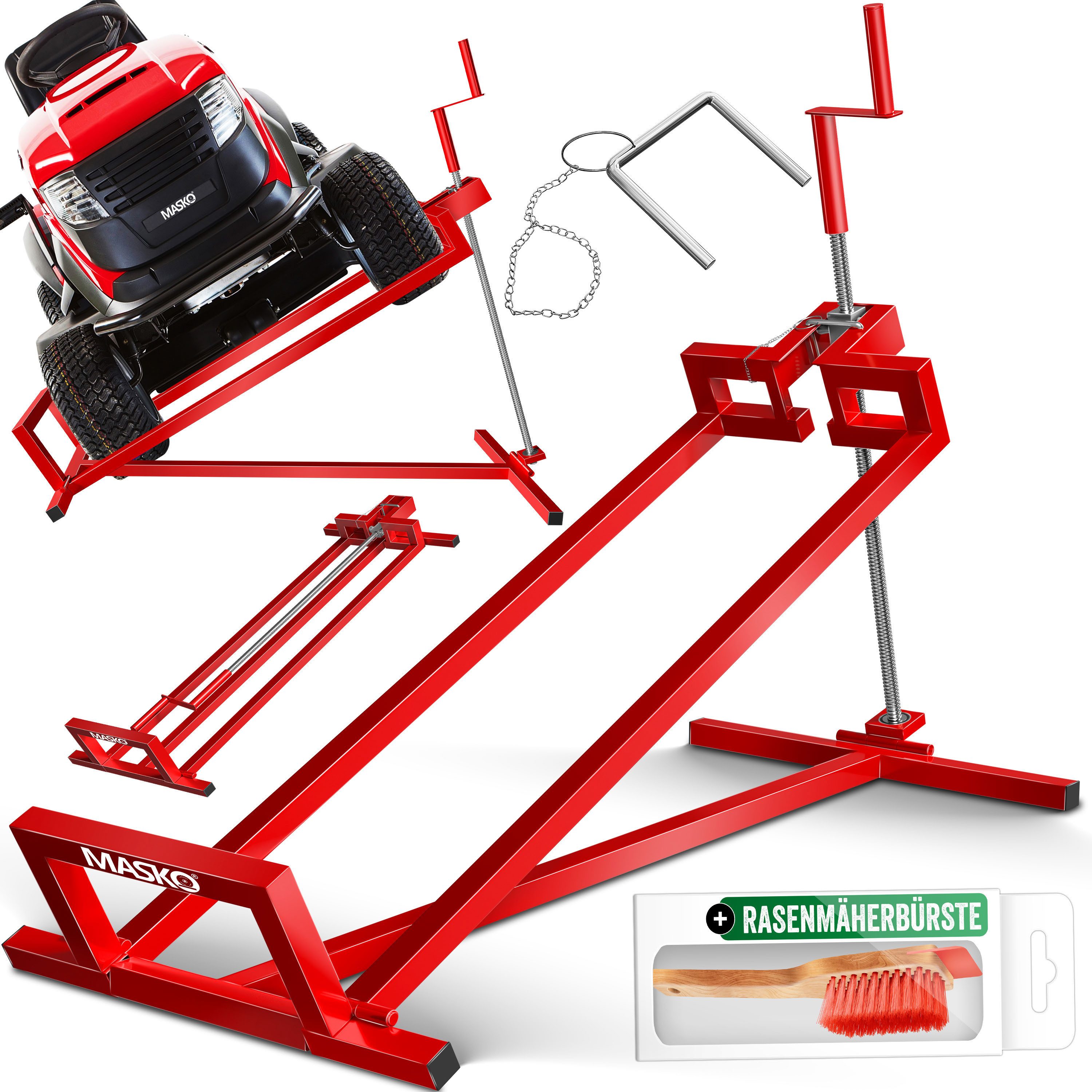 MASKO Rasentraktor Heber 450kg Hebevorrichtung für Aufsitzmäher inkl. Bürste, Rasentraktorheber, universelle Reinigungshilfe, Hebebühne für Quad