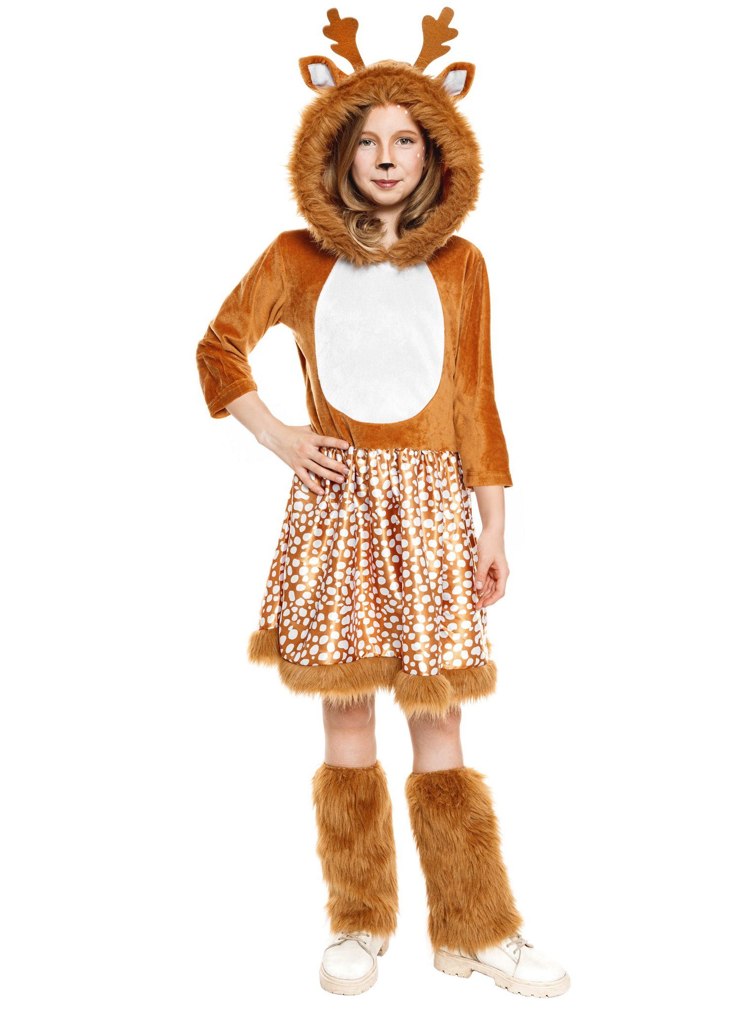 Maskworld Kostüm Reh Tierkostüm - Rentier Faschingskostüm Kinder, Niedliches Rehkleid mit flauschiger Kapuze für Mädchen