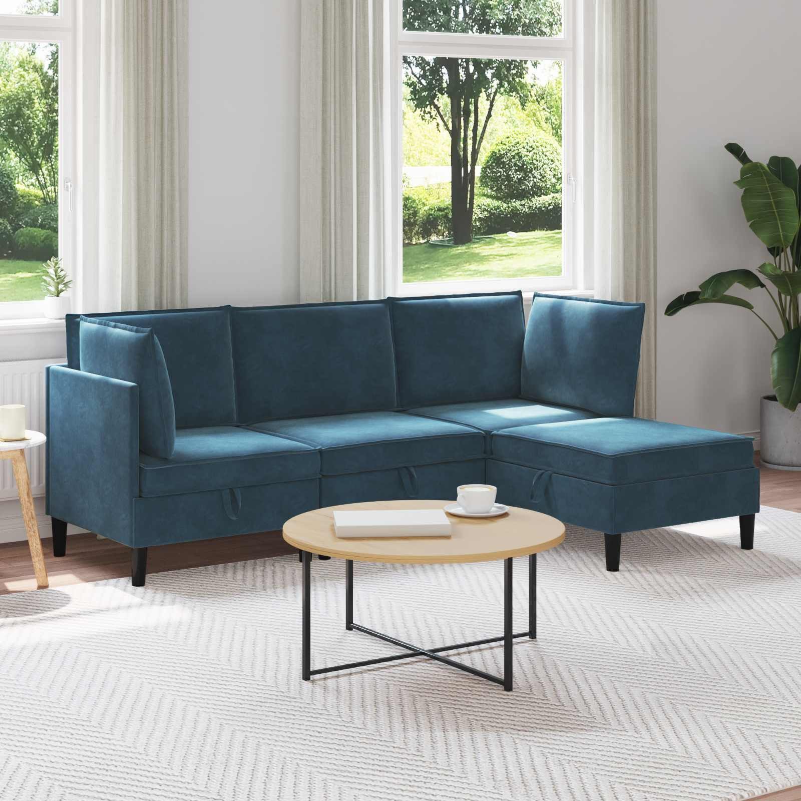 vidaXL Wohnzimmer-Set Wohnzimmergarnitur mit Kissen mit Speicher 4 pcs Blau Samt, (4-St)