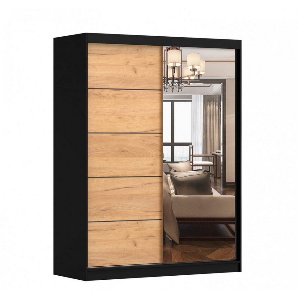 MOEBLO Kleiderschrank LARA 05 (mit Spiegel Schwebetürenschrank 2-türig  Schrank mit vielen Einlegeböden und Kleiderstange, Gaderobe Schiebtüren  Schlafzimmer-Wohnzimmerschrank Modern Design), (BxHxT): 150x200x61 cm