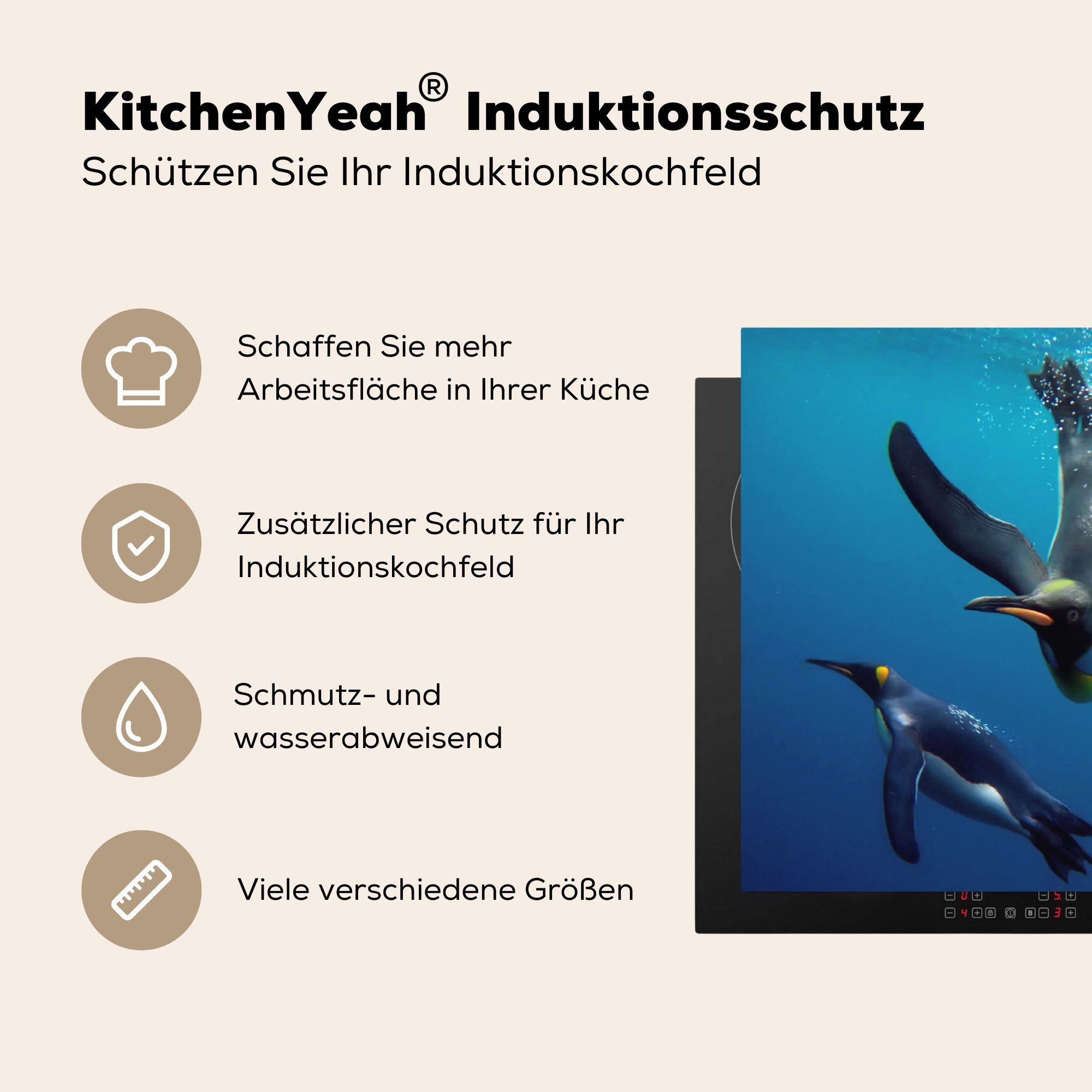 MuchoWow Herdblende-/Abdeckplatte Pinguine unter Wasser, (1 cm, Arbeitsplatte für Ceranfeldabdeckung, küche Vinyl, 83x51 tlg)