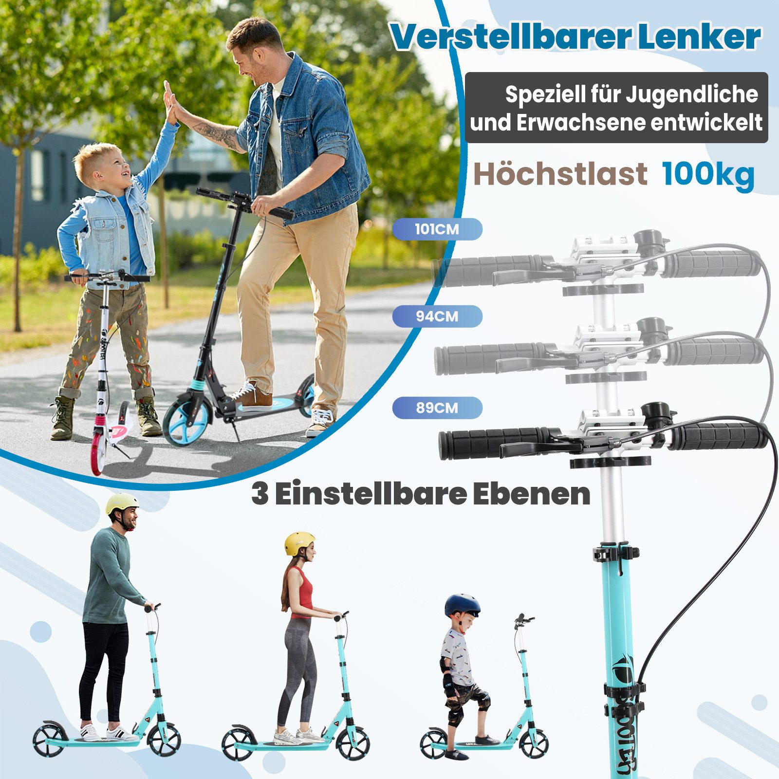 YEE RUN Cityroller für Kinder, Jugendliche und Erwachsene, höhenverstellbar und faltbar. – Bild 3 von 5