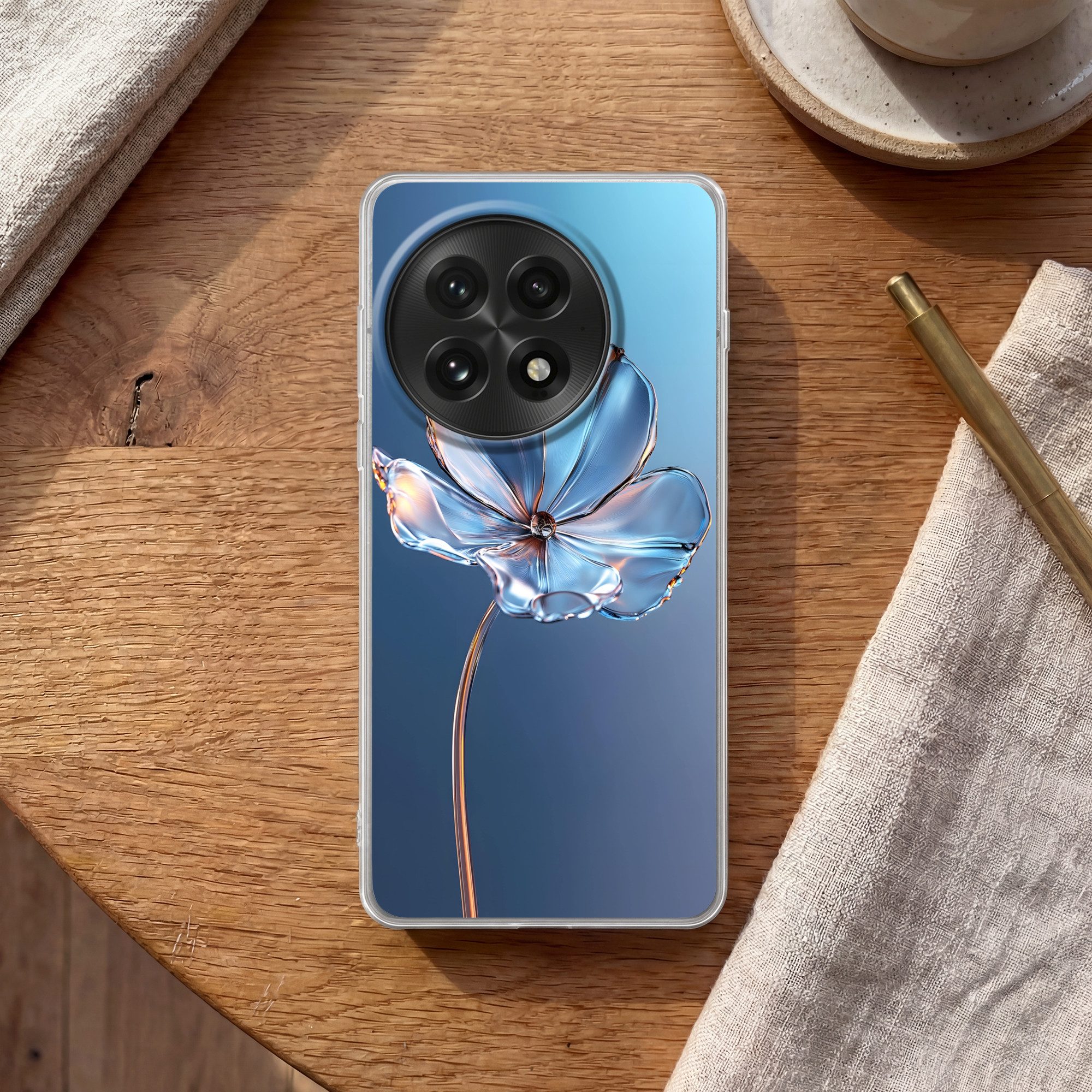 MuchoWow Handyhülle für OnePlus 13 Blau - Blume - Gläser - Verziert, Phone Case, Silikon, Schutzhülle Dünn