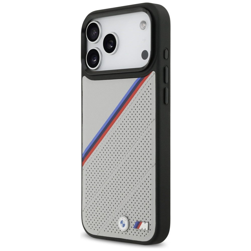 BMW Handyhülle Case iPhone 17 Pro Max MagSafe Kunstleder grau Tricolor Logo Metall 6,9 Zoll, Kantenschutz