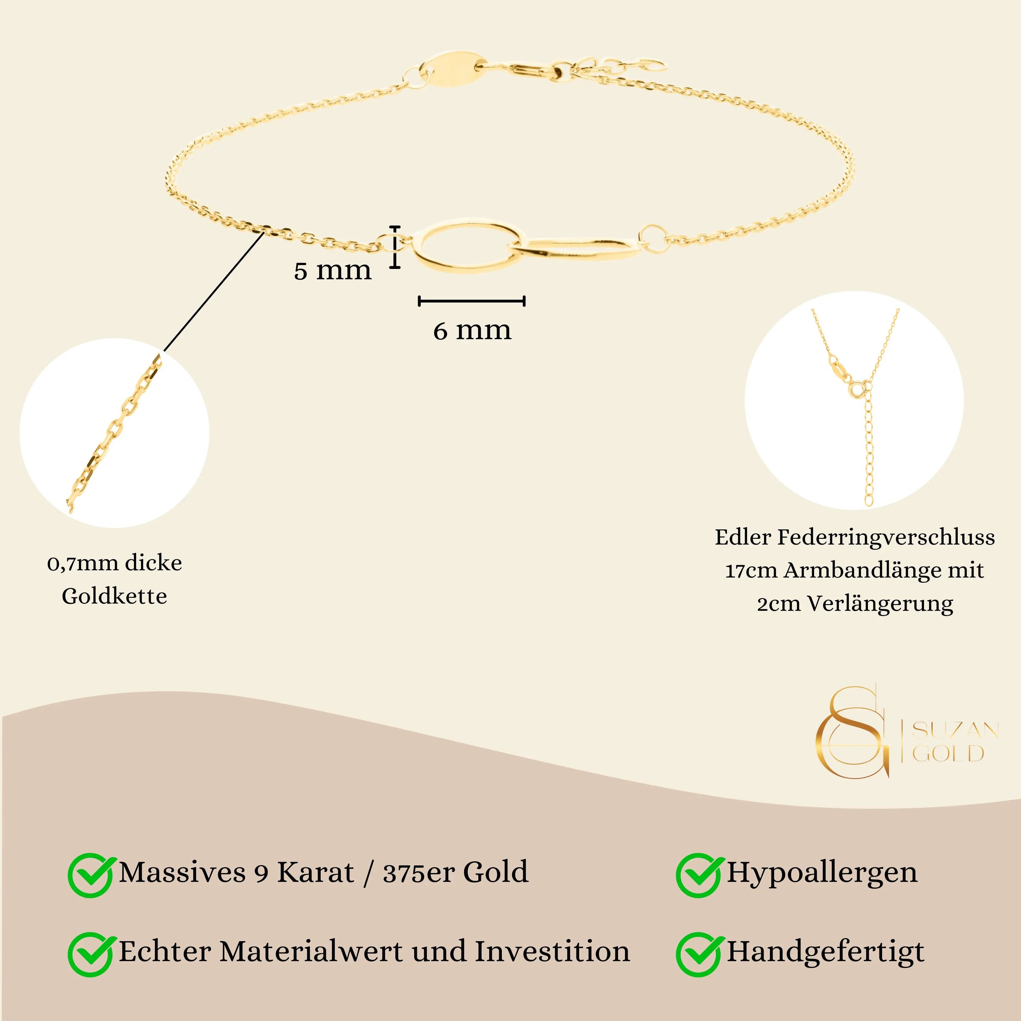 Suzan Gold Charm-Armband 375er Gold Armband – verschlungene Glieder, stilvoller Schmuck, Gelbgold 375, Länge: 17+2cm