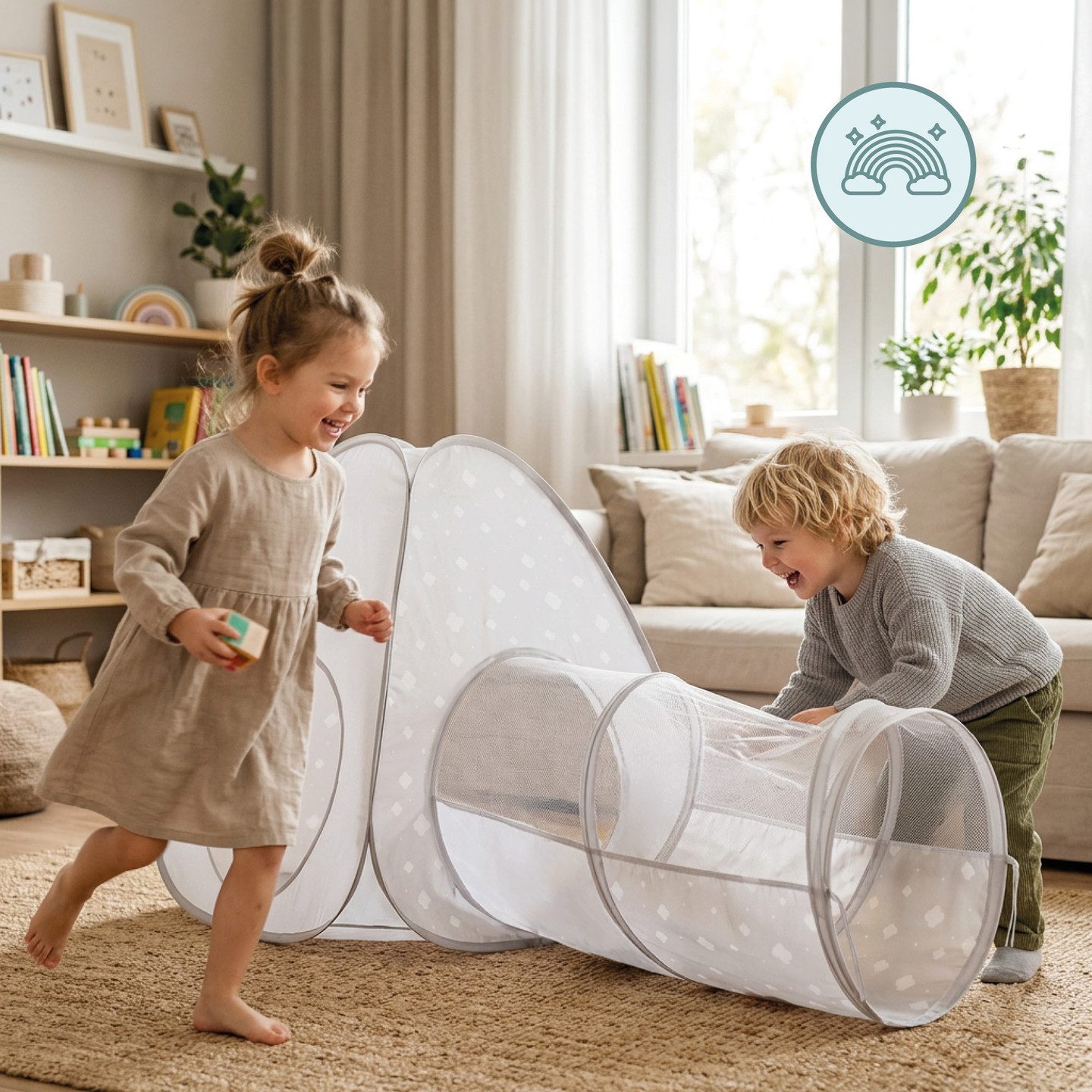 Mamabrum Spieltunnel Mamabrum Spielzelt mit Tunnel Pop-Up Kinderzelt Grau Weiß