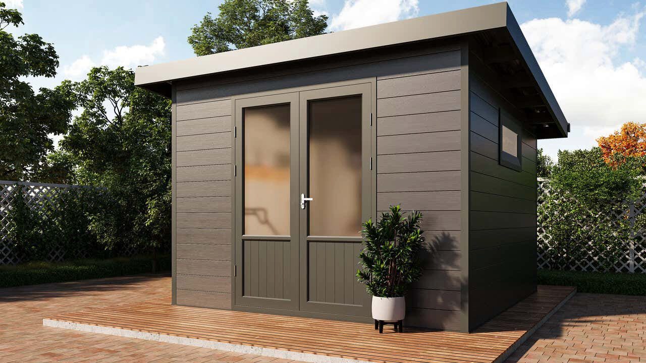 Finnhaus Wolff Gerätehaus Holz WPC Terra 3030 28 Anthrazit/Hellgrau, BxT: 363x340 cm, in Naturbelassen mit 28mm Wandstärke