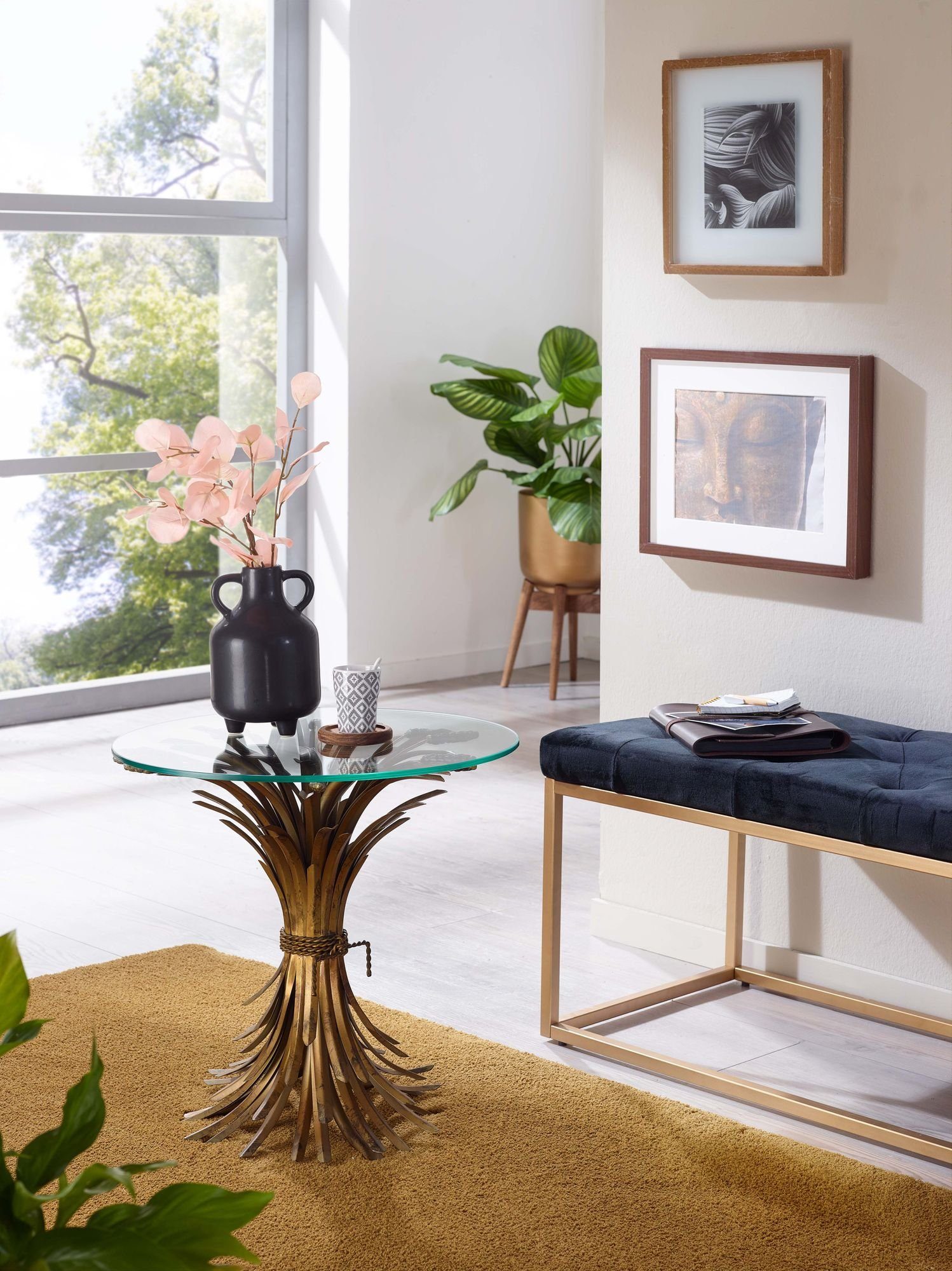 Wohnzimmermöbel mit Sofatisch KADIMA Glasplatte, DESIGN Modernes Beistelltisch Goldener