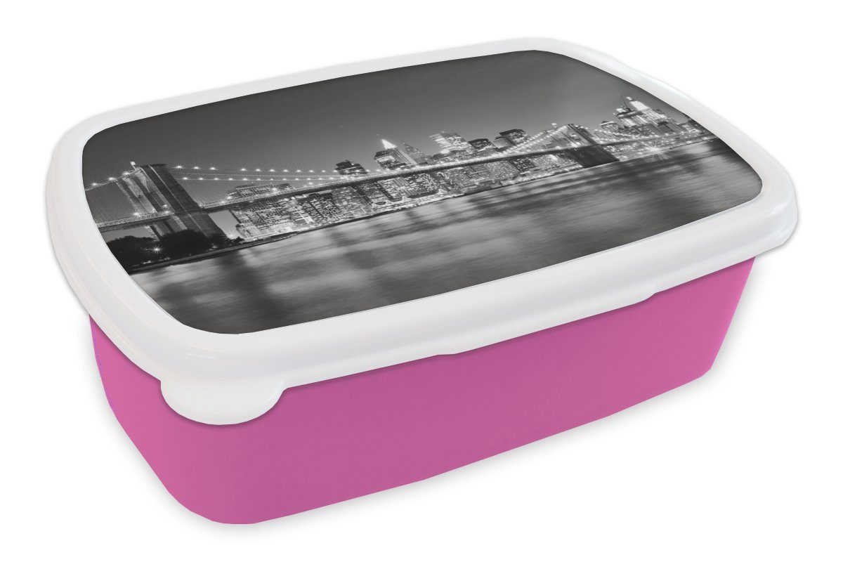 Architektur, Kunststoff, - Brotbox (2-tlg), Kunststoff Snackbox, für New York rosa - und - Mädchen, Schwarz Brücke weiß Brooklyn Erwachsene, Lunchbox MuchoWow Brotdose - Kinder,