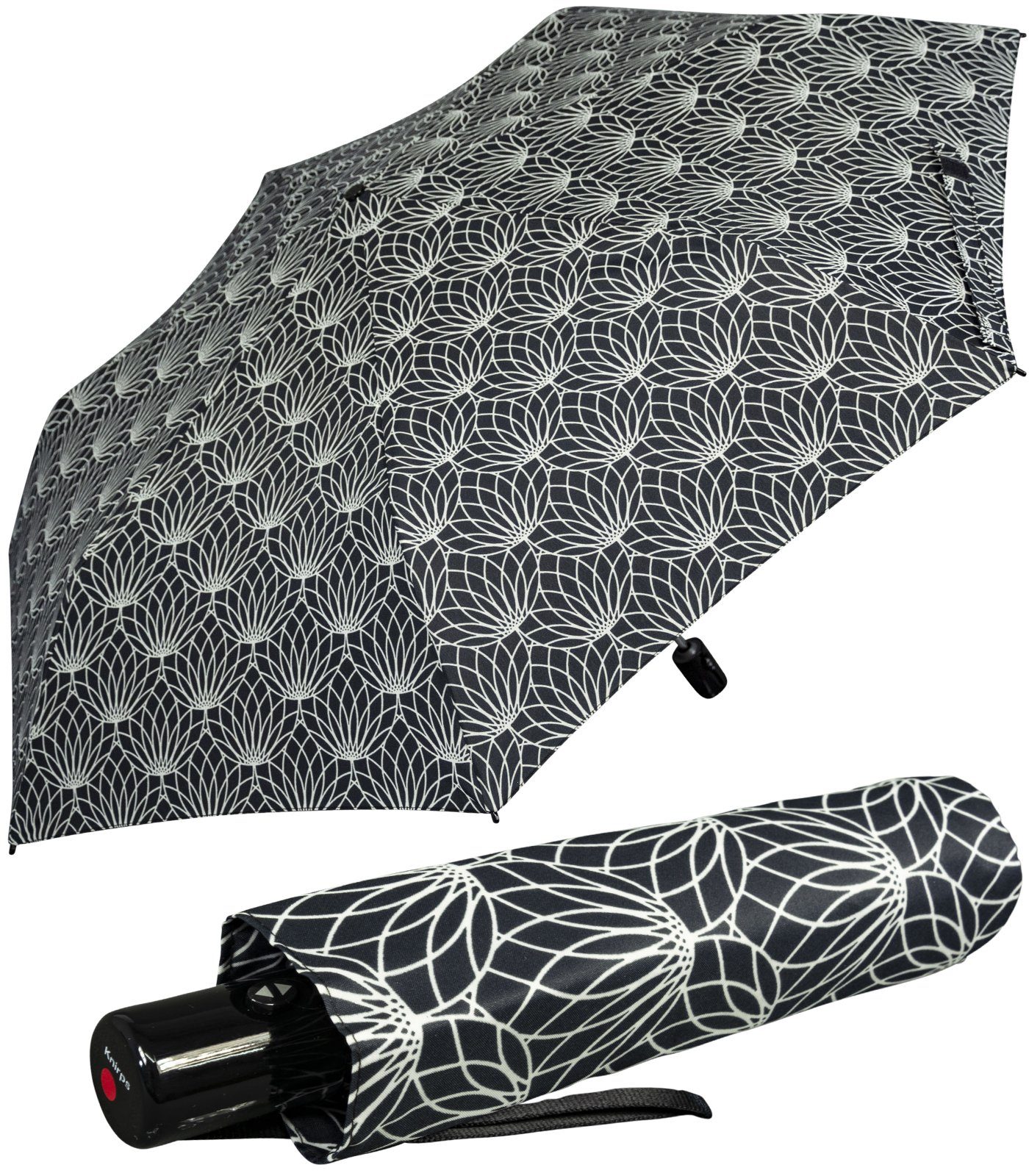 Knirps® Taschenregenschirm leichter, kompakter Schirm mit Auf-Zu-Automatik, mit UV-Schutz - Linien Renature black schwarz-weiß