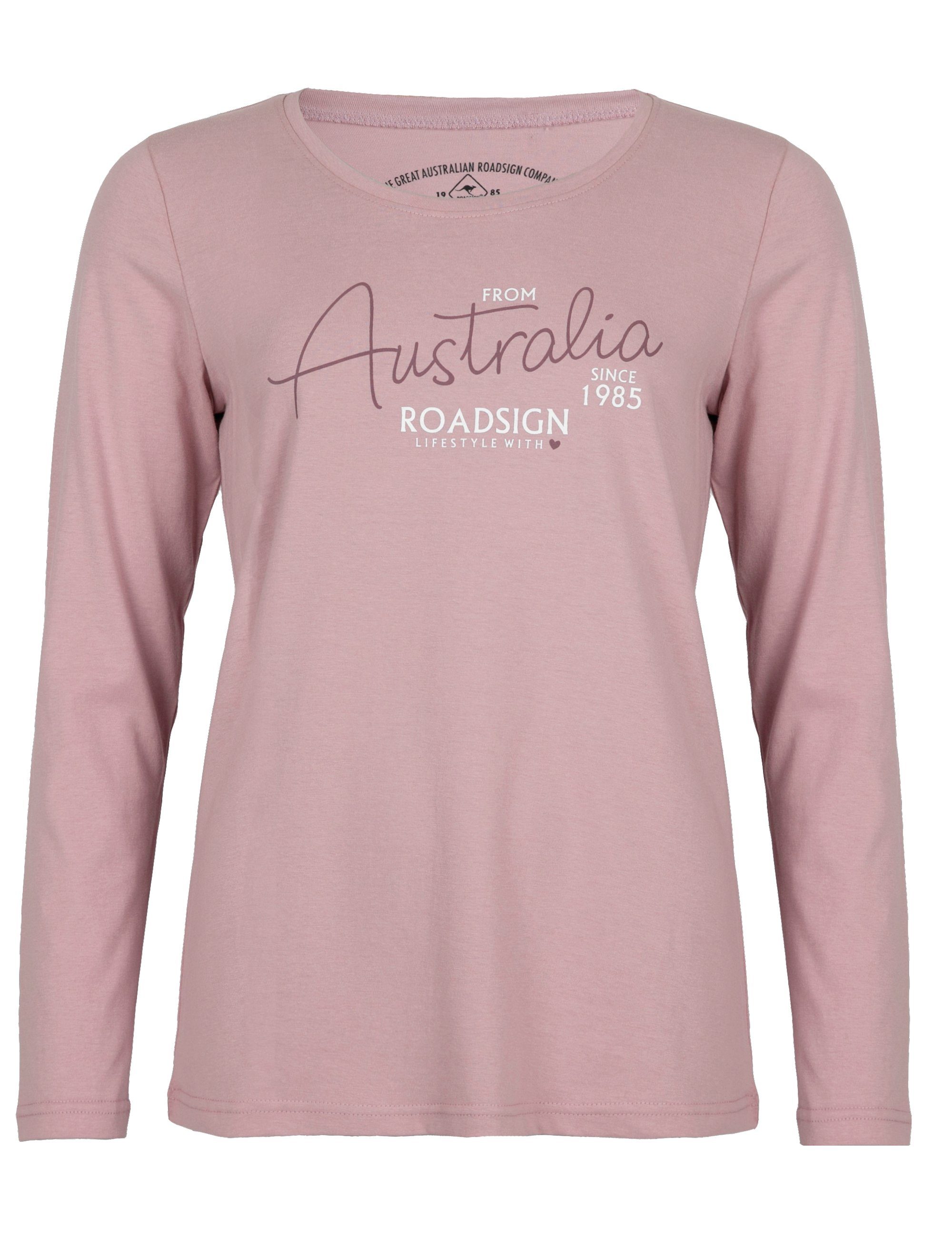 Langarmshirt der Prozent australia auf Sweater Baumwolle aus mit 100 Vorderseite Aufdruck Rundhalsausschnitt, und (1-tlg) Flieder ROADSIGN Australia