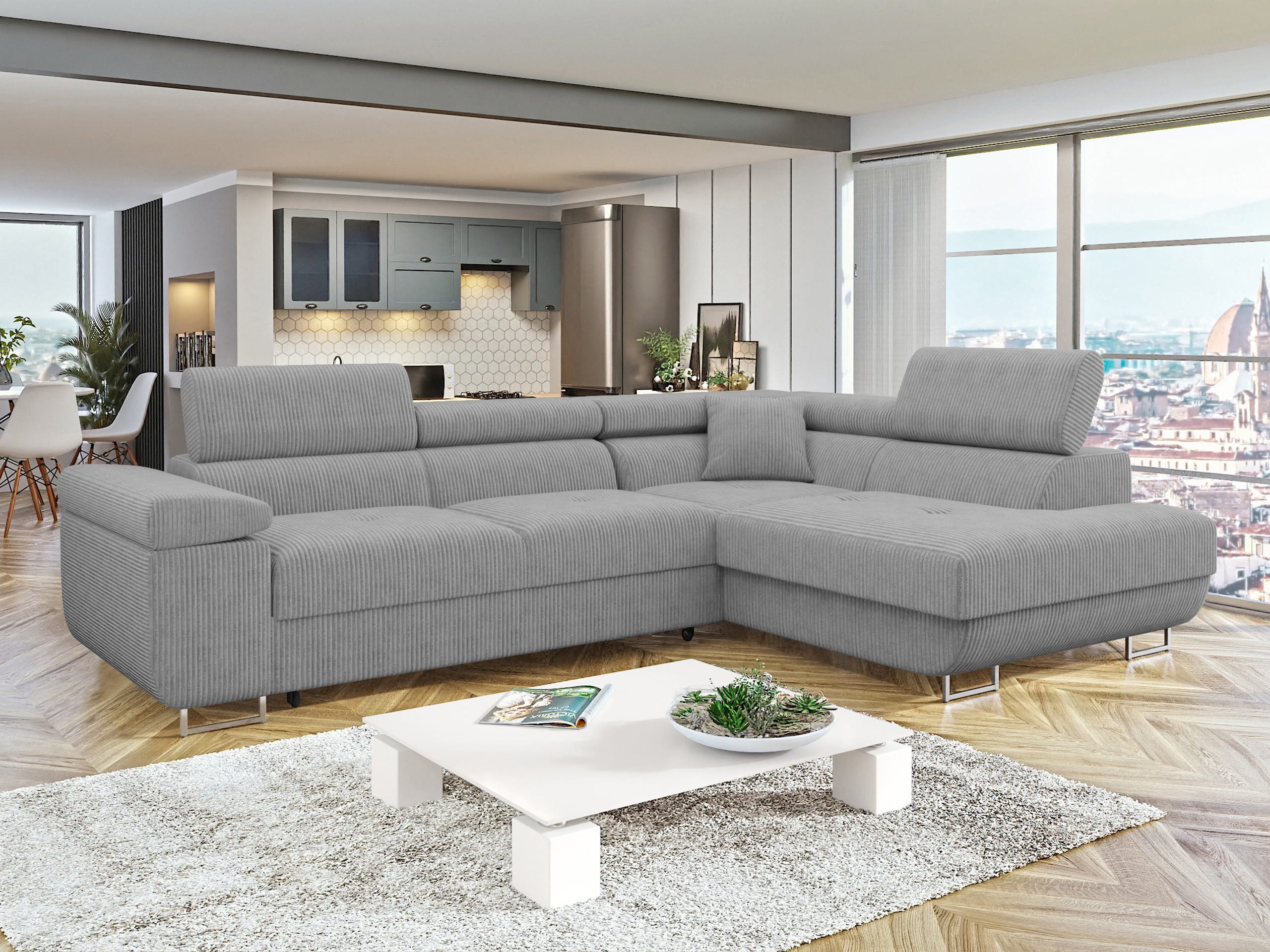 MIRJAN24 Ecksofa Torezio Cord, mit Bettkasten und Schlaffunktion, Einstellbare Kopfstützen, 274x203x70-90 cm