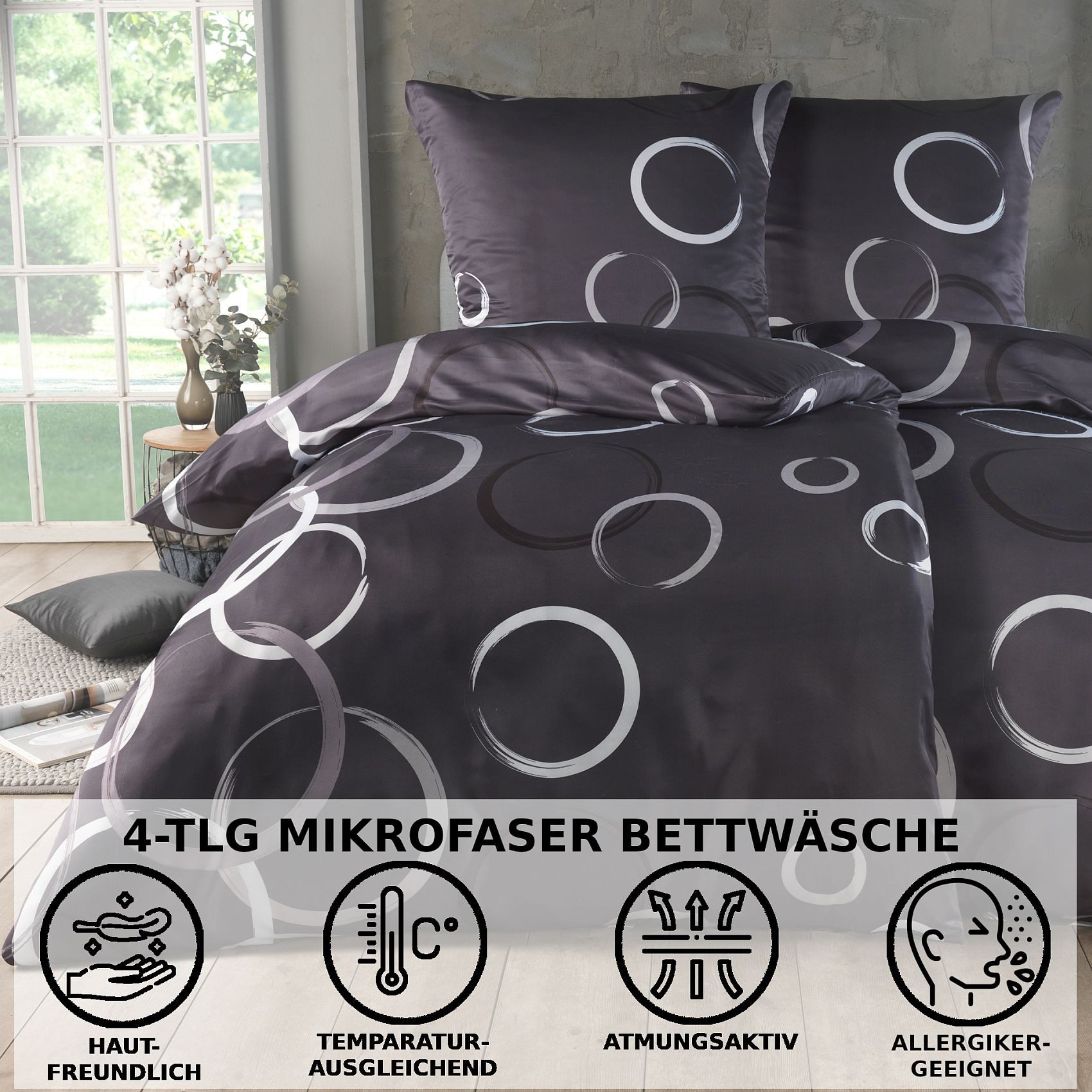 Kuscheli Bettwäsche 135x200 + 80x80 cm atmungsaktiver Bettbezug, moderne Designs, Mikrofaser, 4 teilig, Für Allergiker geeignet, pflegeleicht, angenehm weicher Stoff