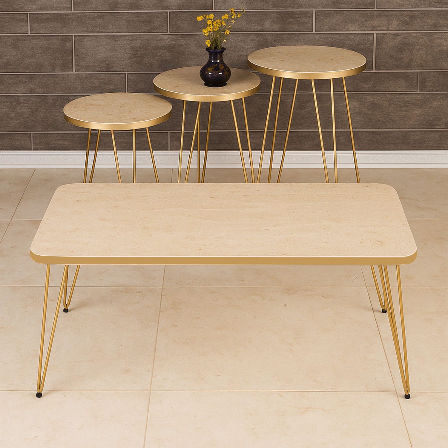 Jungengel Couchtisch Set 4-teilig Travertin Creme Gold Wohnzimmer Beistellt günstig online kaufen