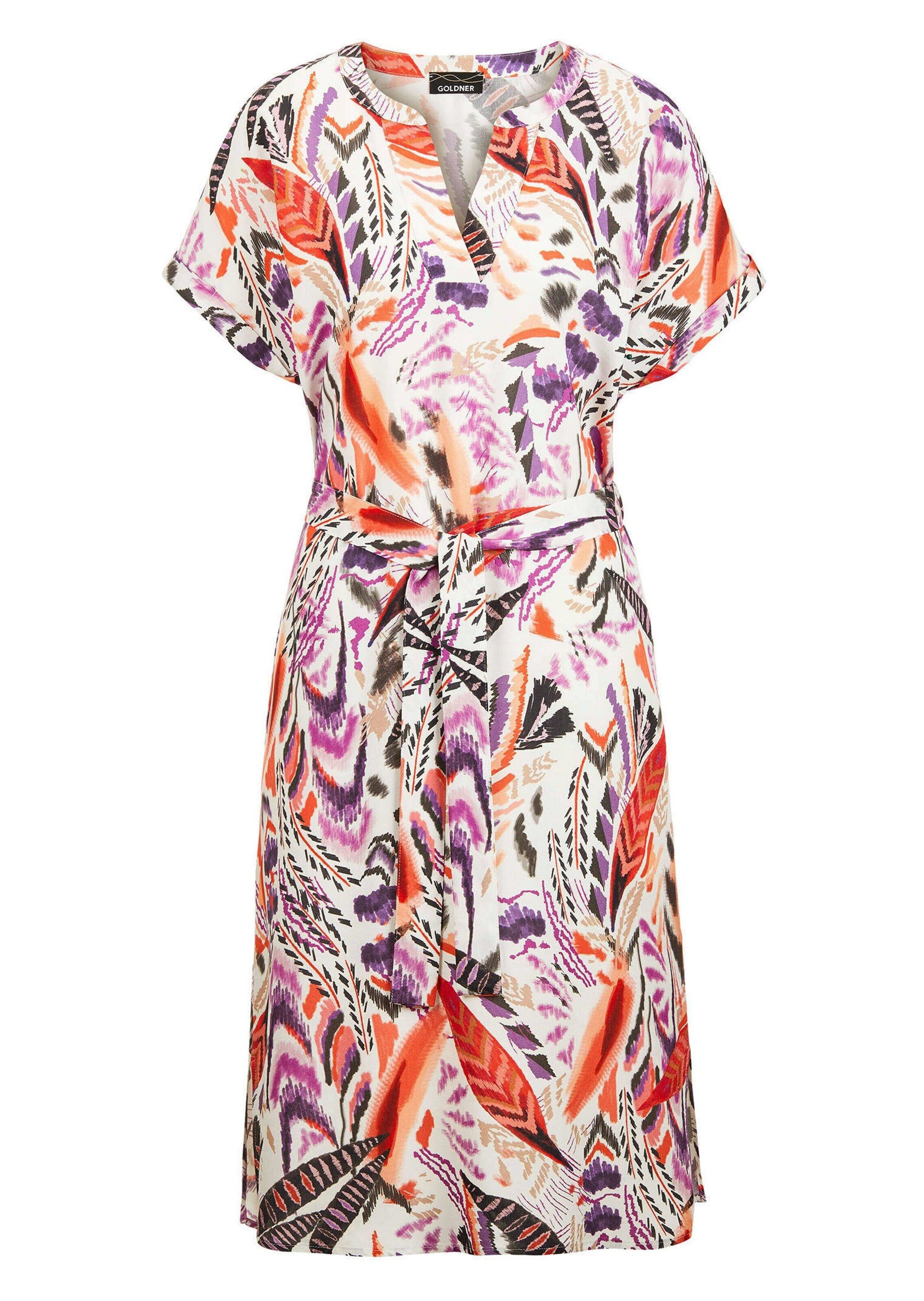 GOLDNER Sommerkleid Kurzarm-Kleid mit Ethno-Print Buntes Sommerkleid mit V-Ausschnitt, ohne Arm, Viskose, Bindegürtel
