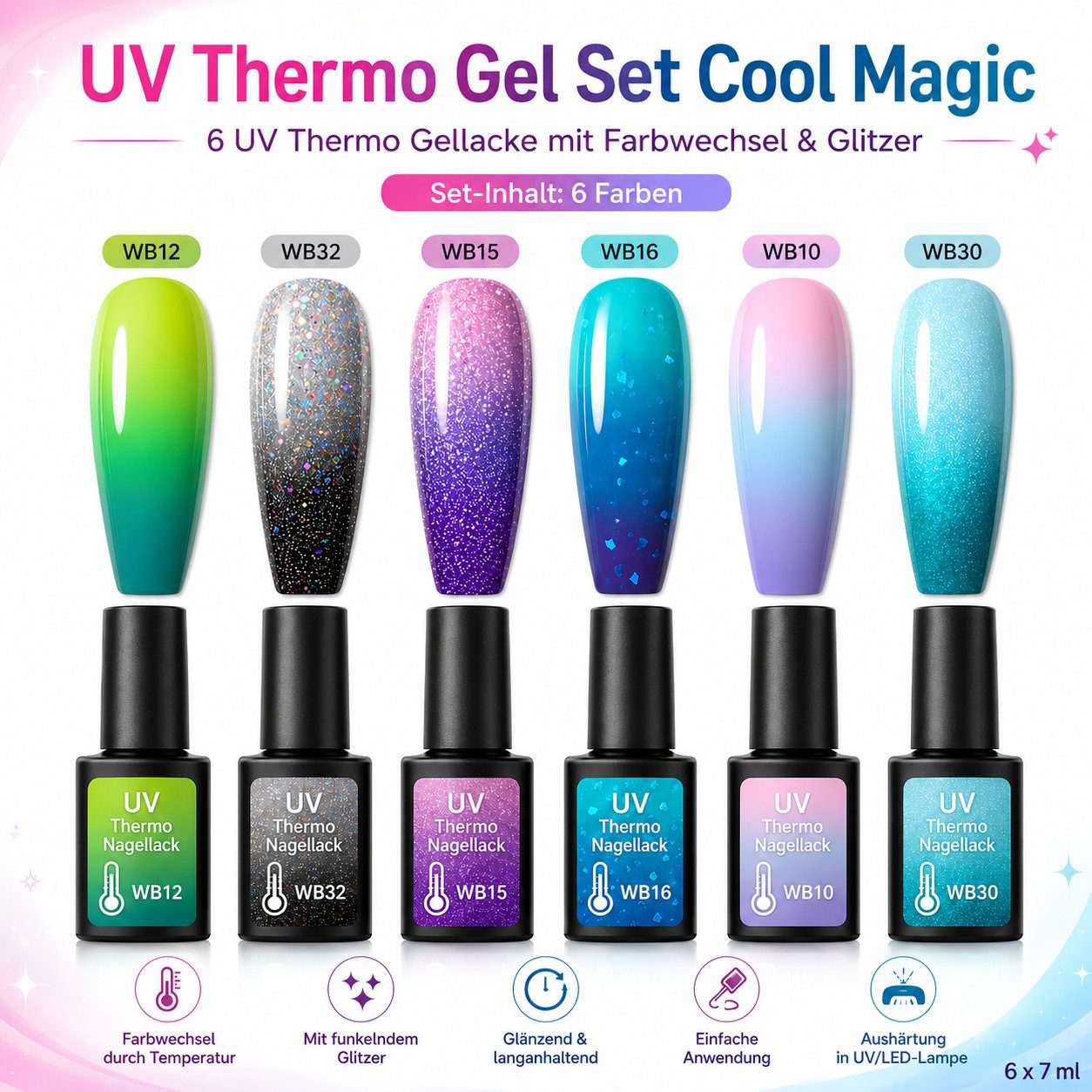 Sun Garden Nails Gel-Nagellack 6er UV Thermo Gel Set Cool Magic, leuchtend, einfache Verarbeitung