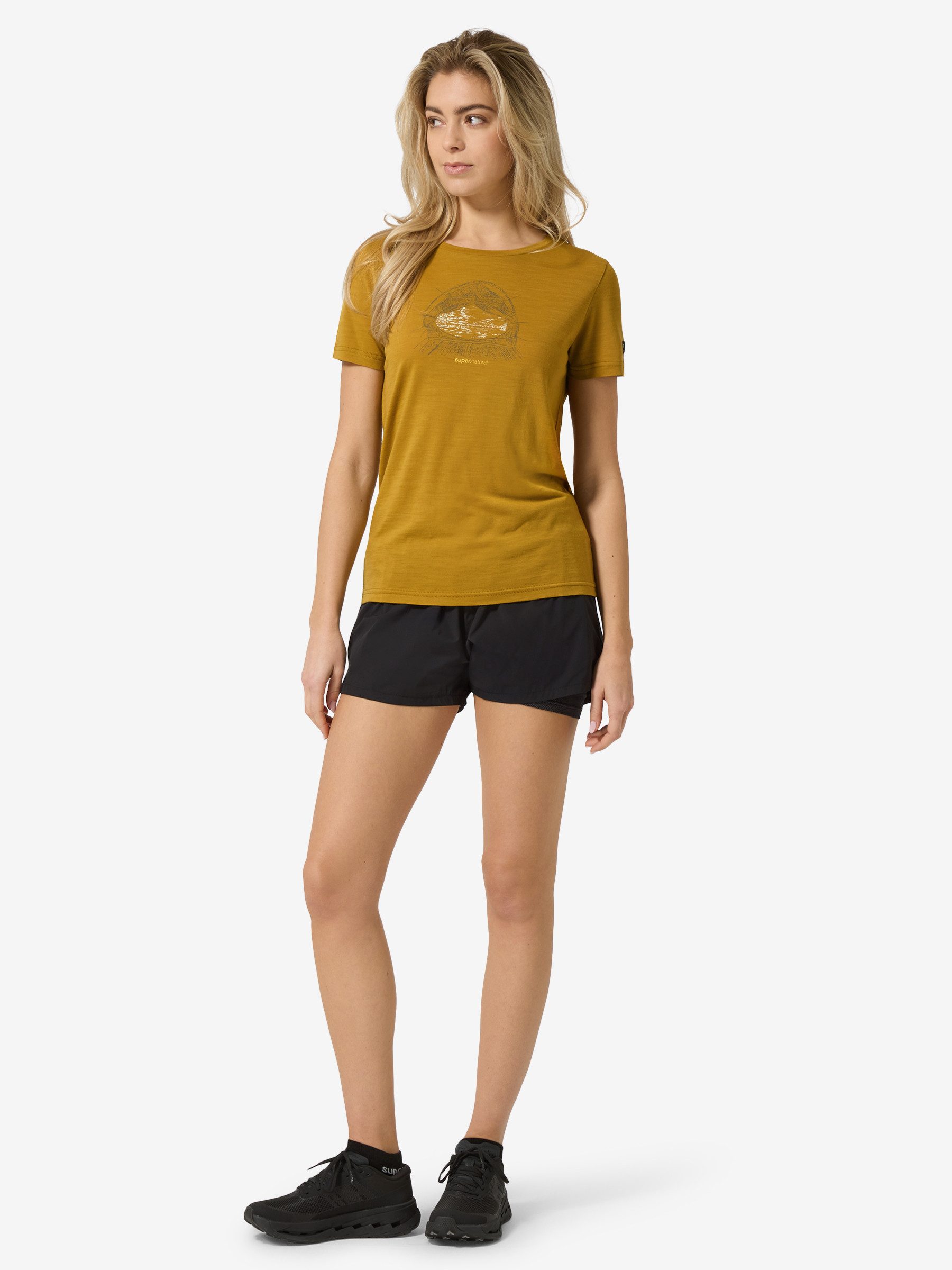 SUPER.NATURAL T-Shirt für Damen,Merino W TENT VIEW TEE mit Berg-Motiv, atmungsaktiv