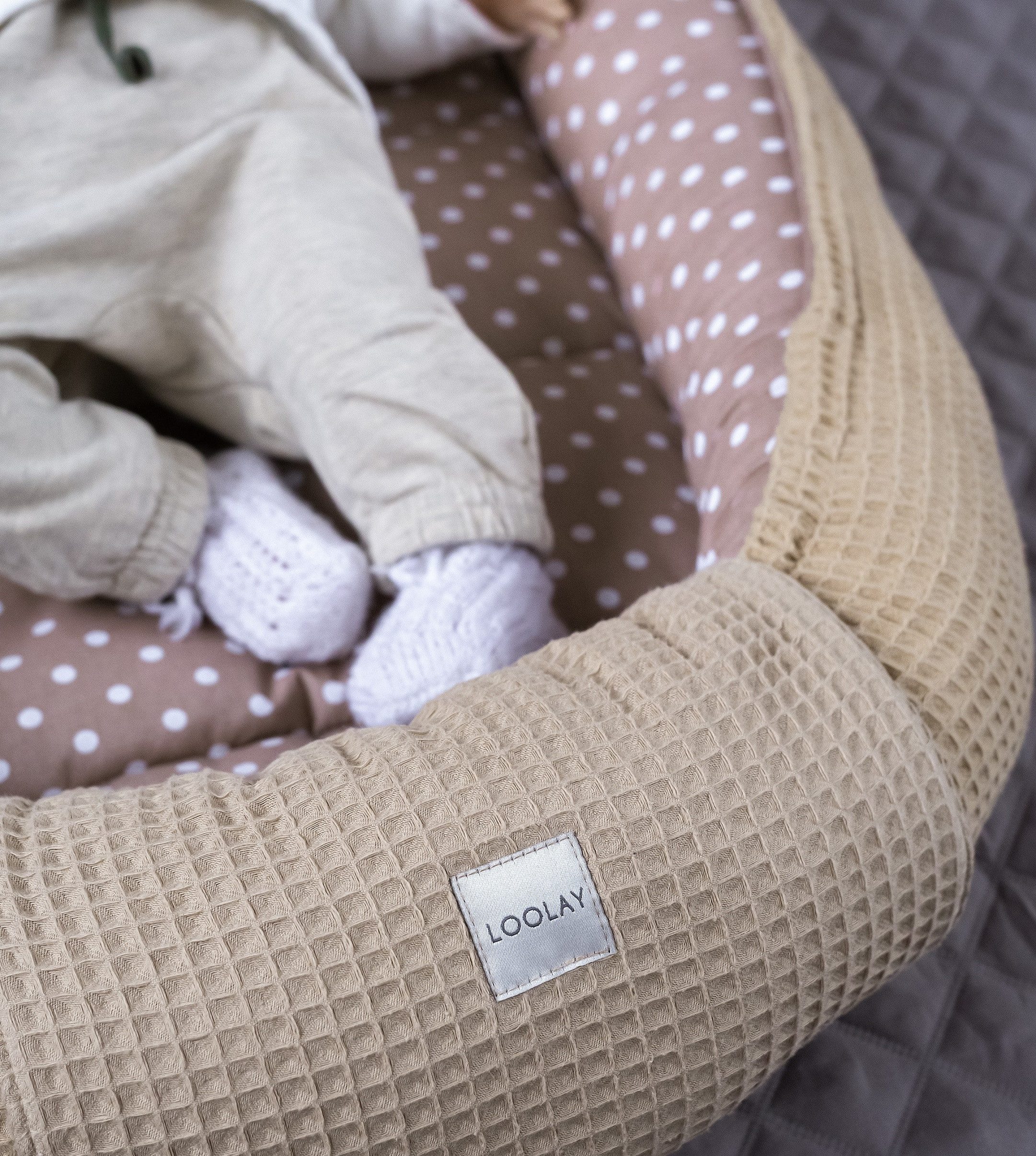 Loolay Bettnestchen Taupe WAFFELPIQUE/ Braun PUNKTE 5 TLG SET Babynest Baby günstig online kaufen