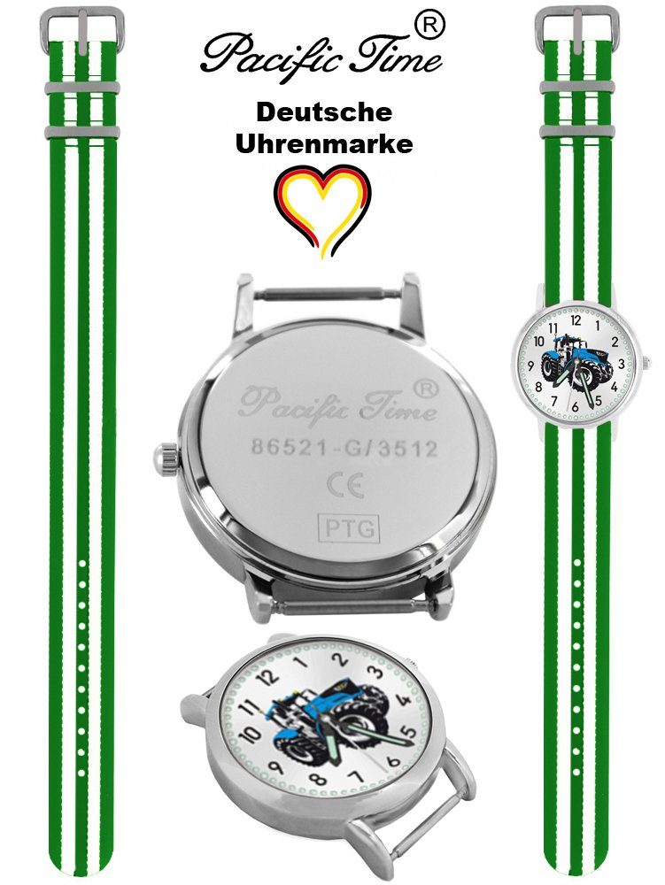 Gratis Wechselarmband, Design Versand Pacific Traktor blau Mix gestreift - Quarzuhr Armbanduhr Kinder Time Match grün weiß und